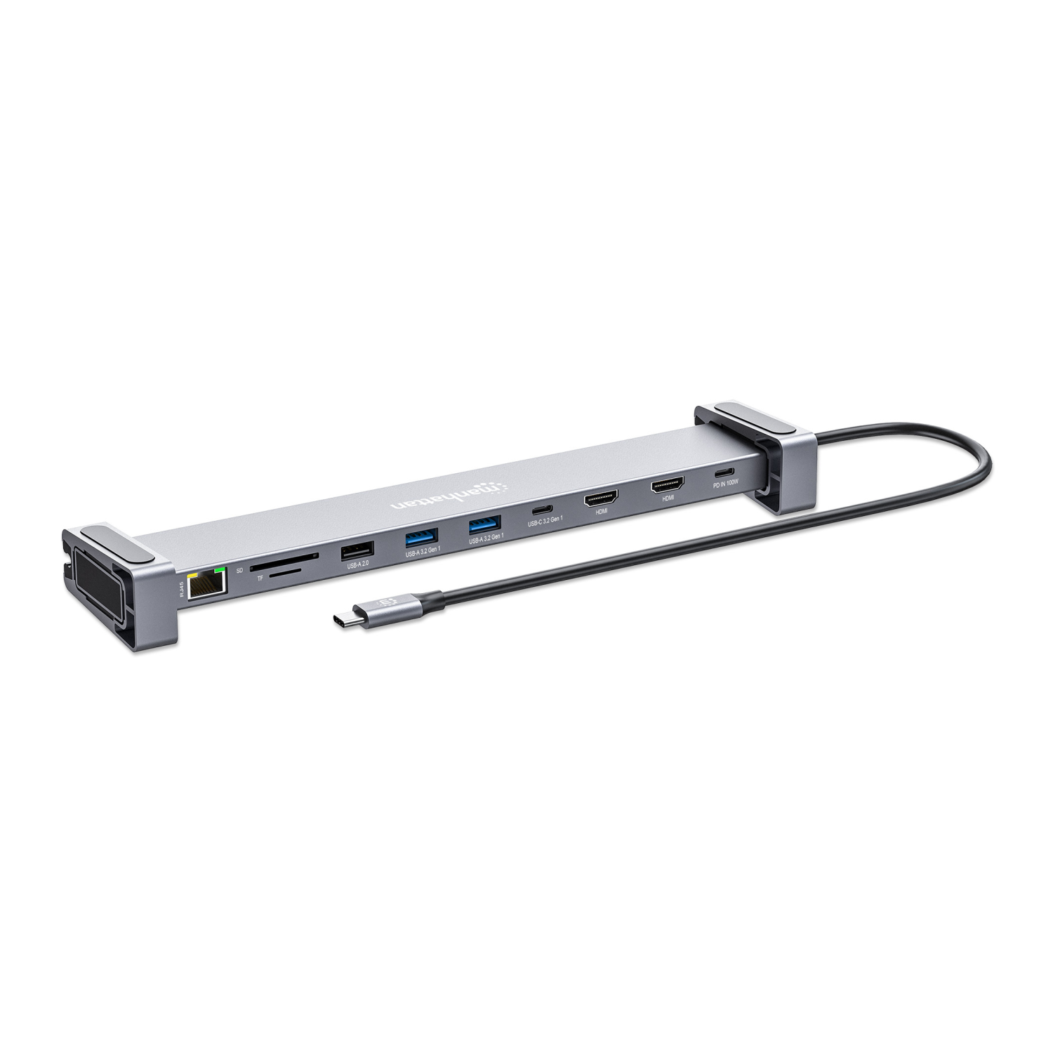 Silberner USB-C Hub mit Anschlüssen: Ethernet, SD/TF, USB-A, HDMI und PD.
