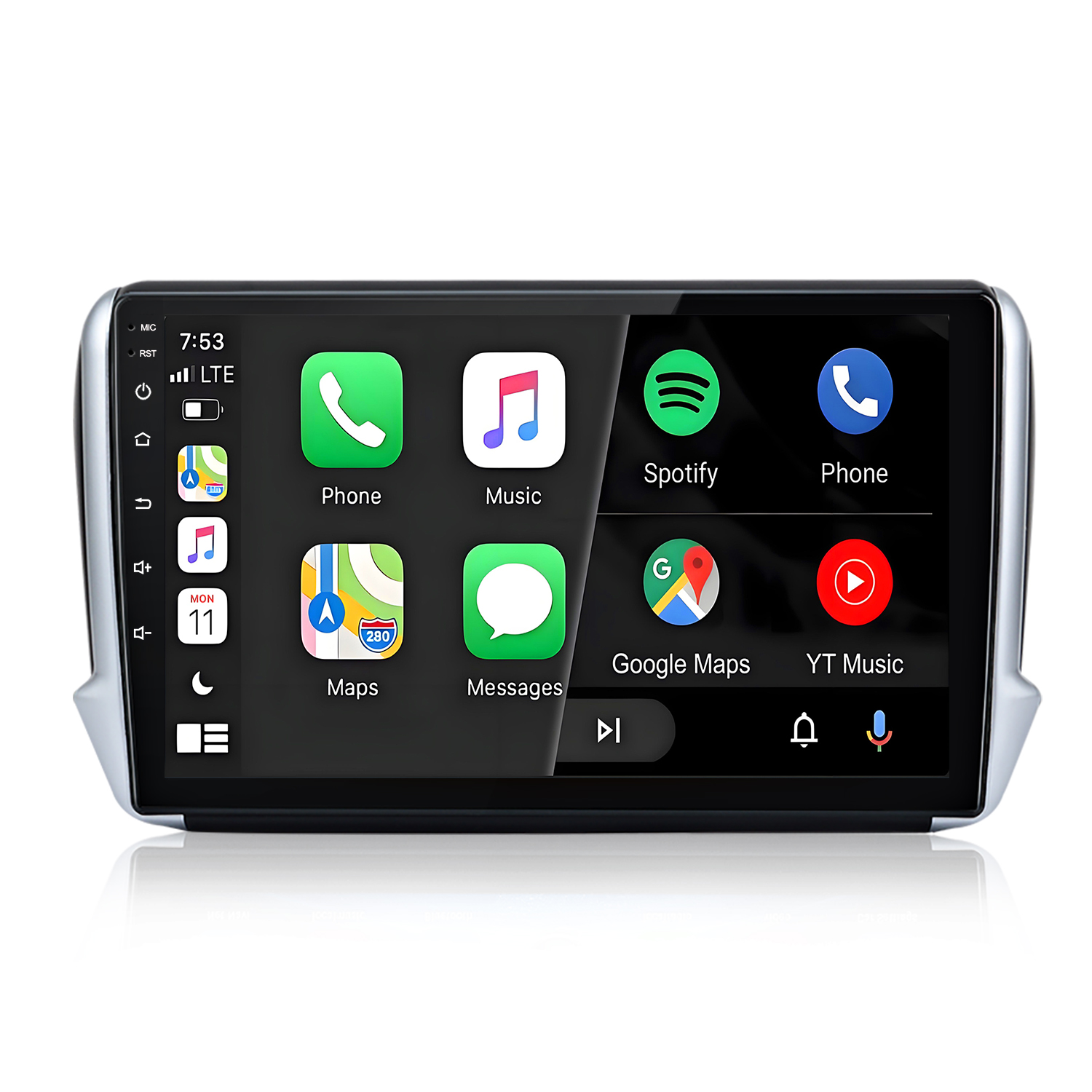 Ein Autoradio-Bildschirm zeigt App-Symbole wie Telefon, Musik, Spotify, Maps und Google Maps.