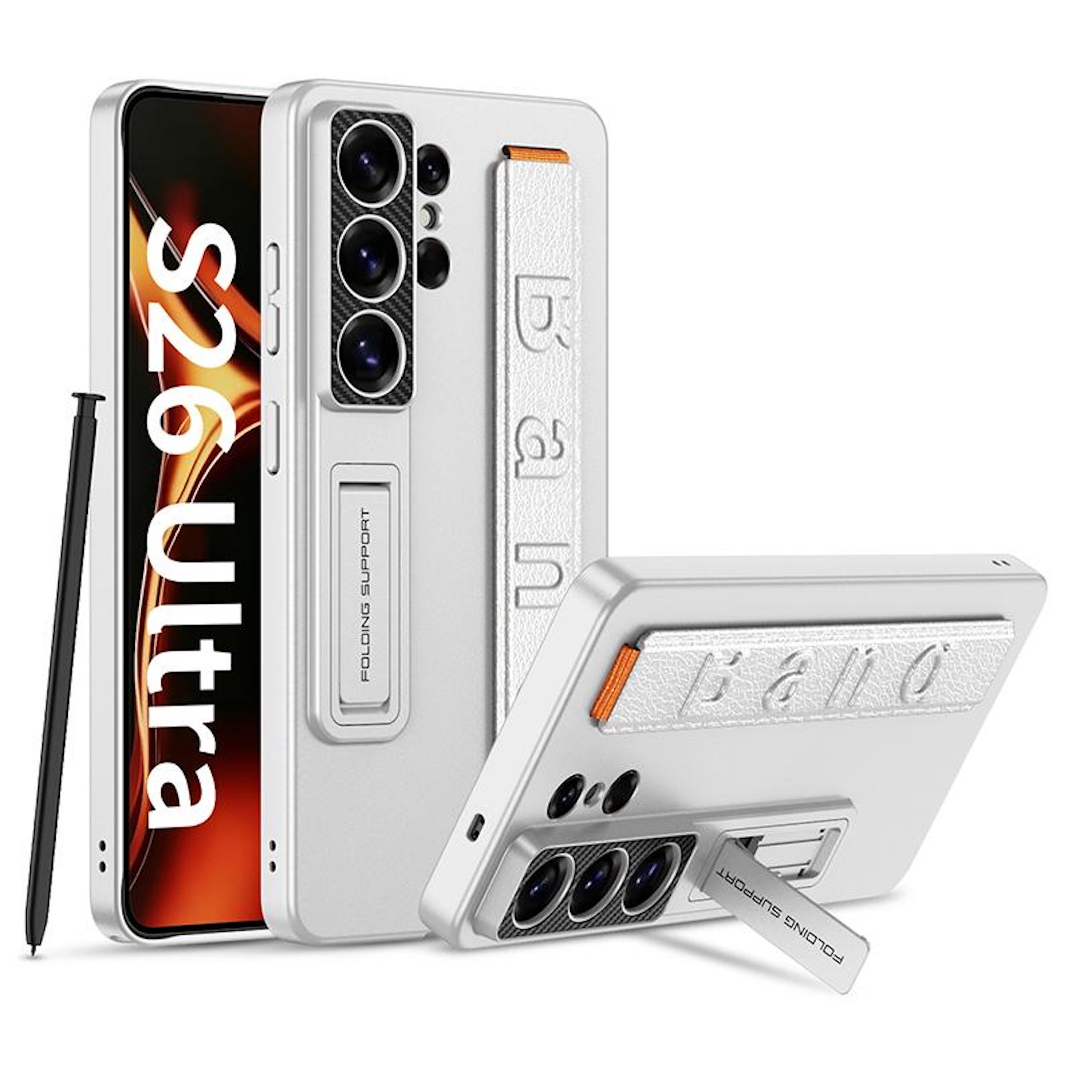 Un teléfono blanco con texto S26 Ultra y soporte.
