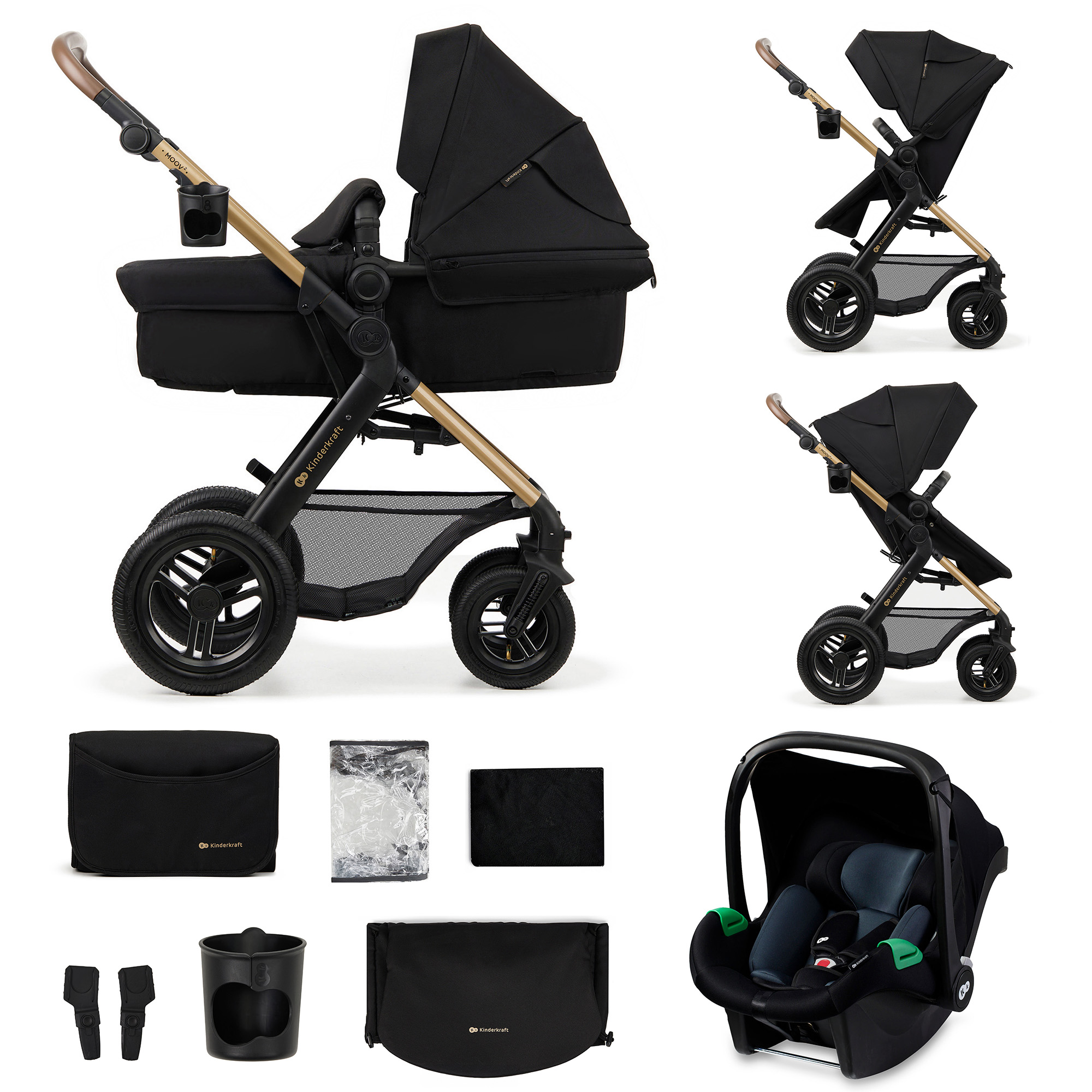 Schwarzer Kinderwagen mit Babywanne, Autositz und Zubehör auf weißem Hintergrund.