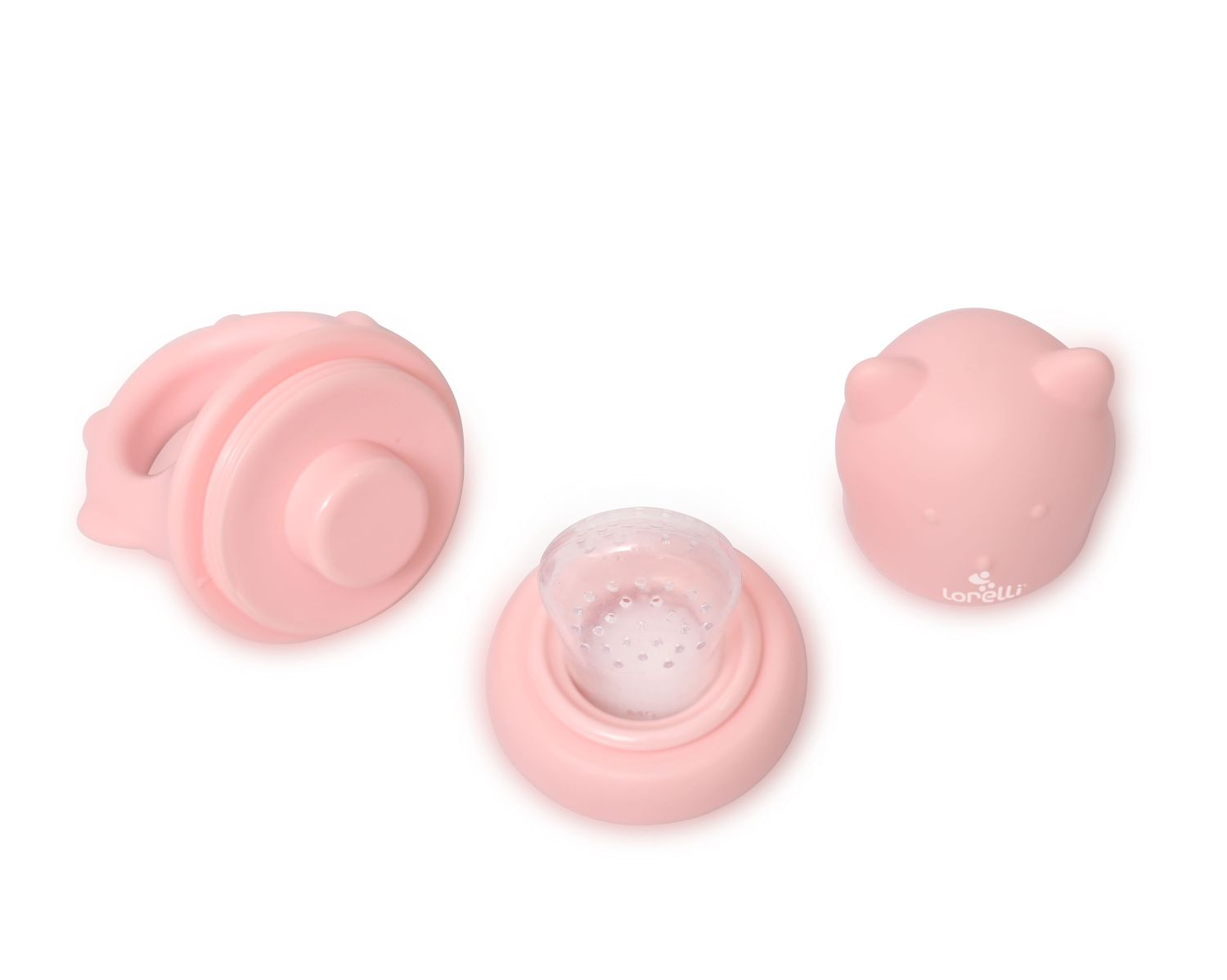 Drei rosa Babyartikel: ein Beißring, ein Schnuller und ein Bären-Greifling.