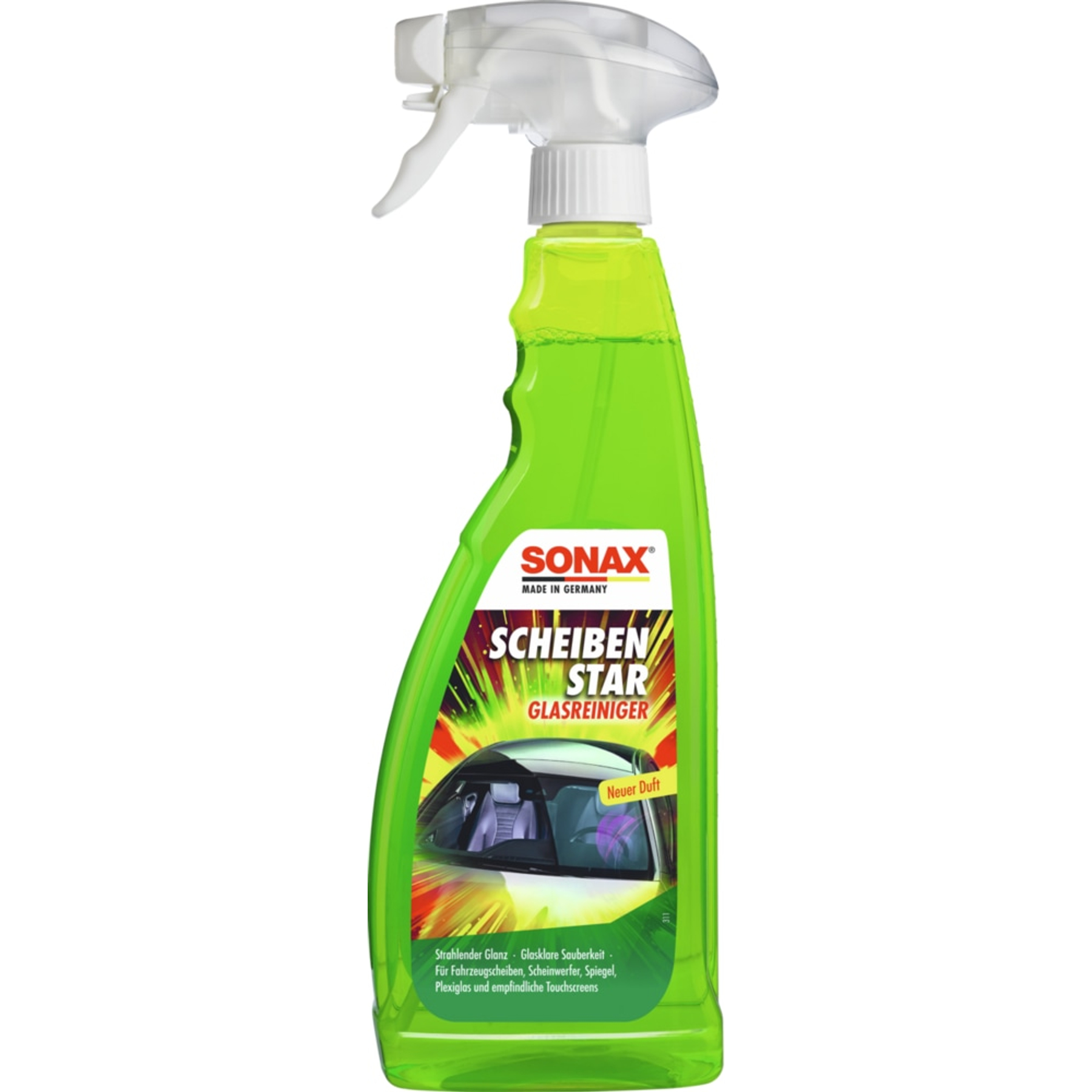 Flacone spray verde SONAX Scheiben Star detergente per vetri. Mostra interni auto.