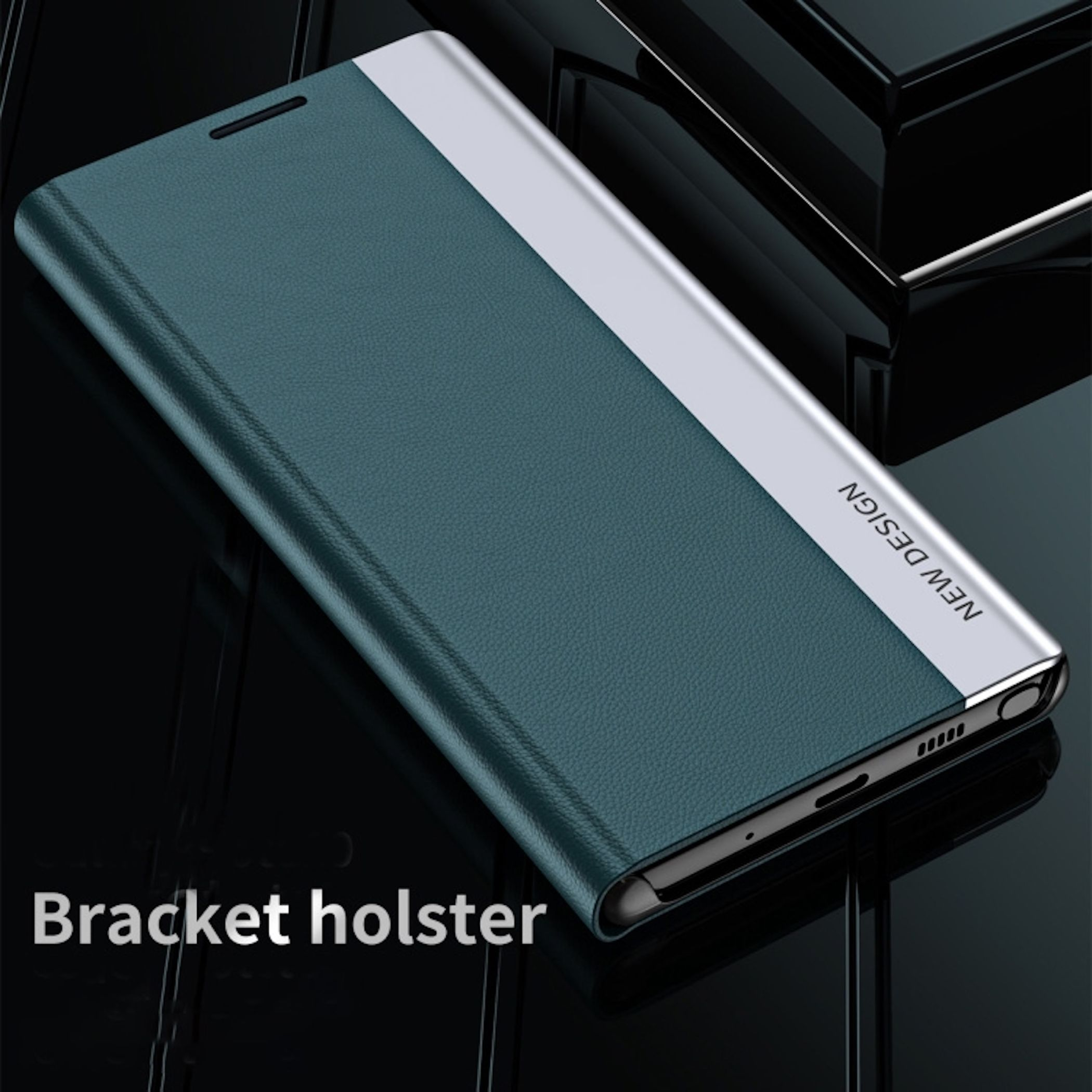 Ein dunkelgrünes Handycover mit silbernem Streifen. "NEW DESIGN" ist aufgedruckt.