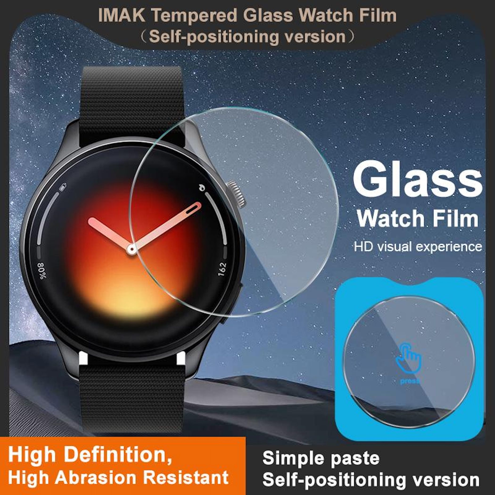 Orologio smart nero con pellicola in vetro, sfondo stellato, testo