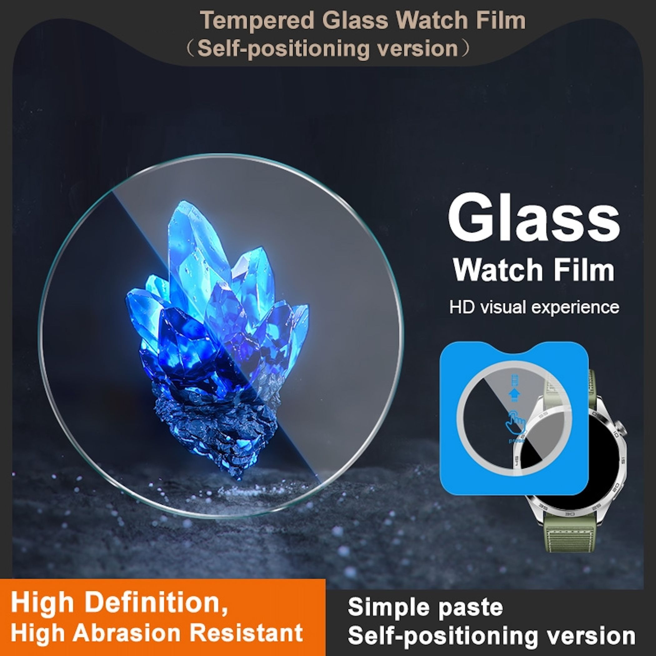 Pellicola in vetro per orologio con cristallo blu e immagine smartwatch.