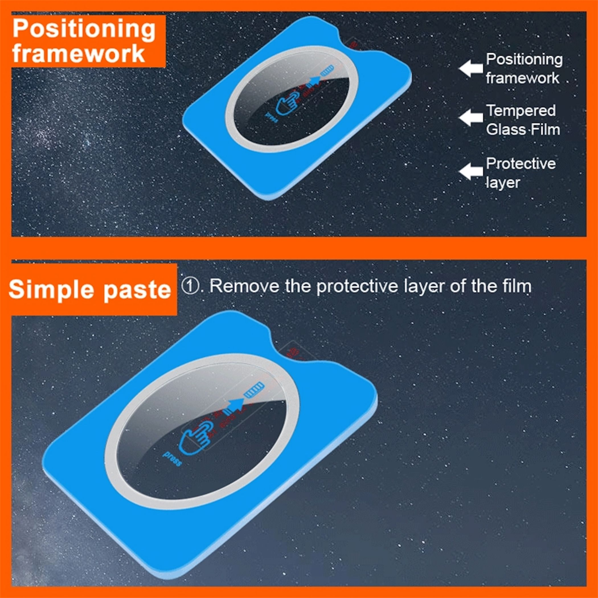 Telaio di posizionamento blu per protezione schermo con istruzioni.