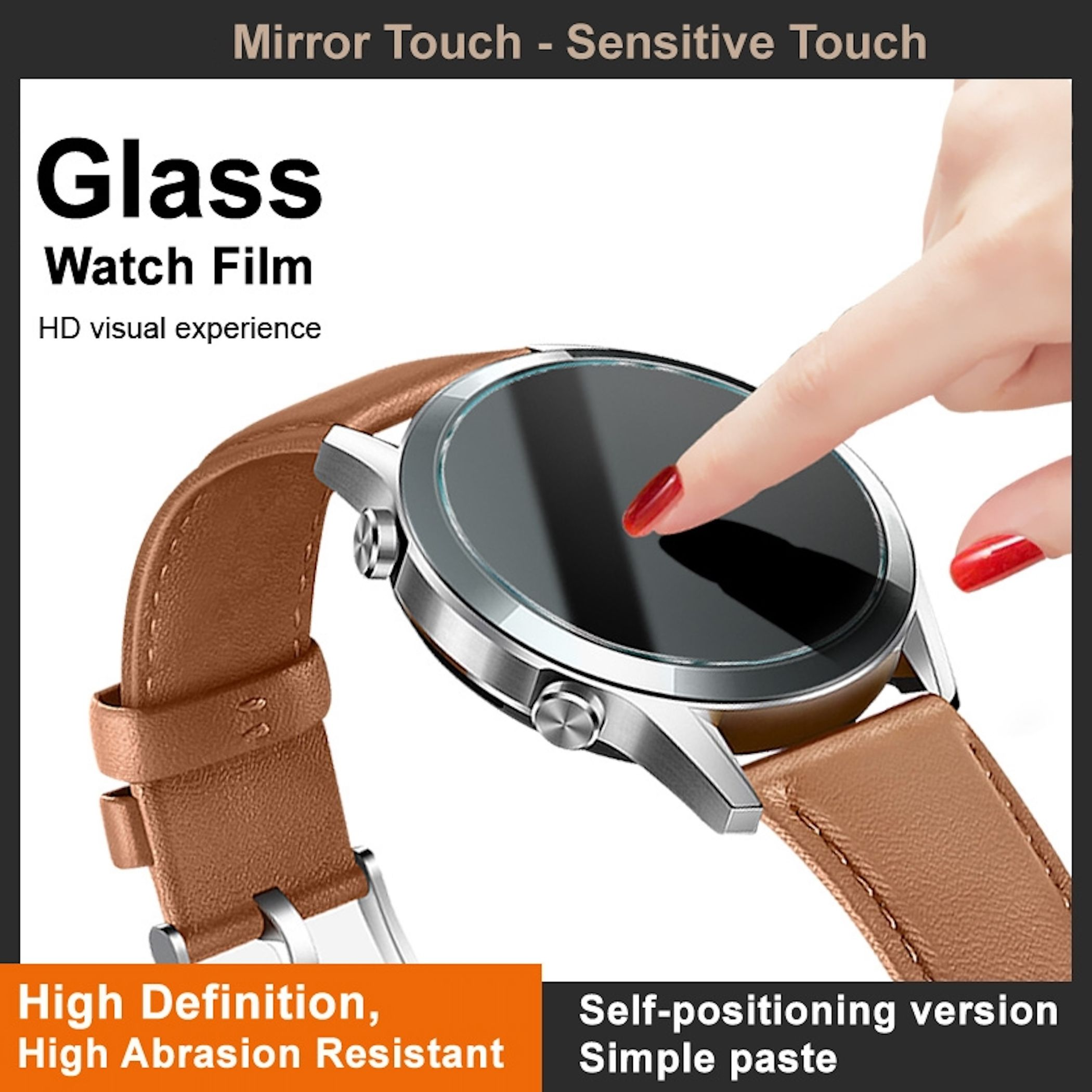 Un dito tocca lo schermo di uno smartwatch con cinturino in pelle marrone.