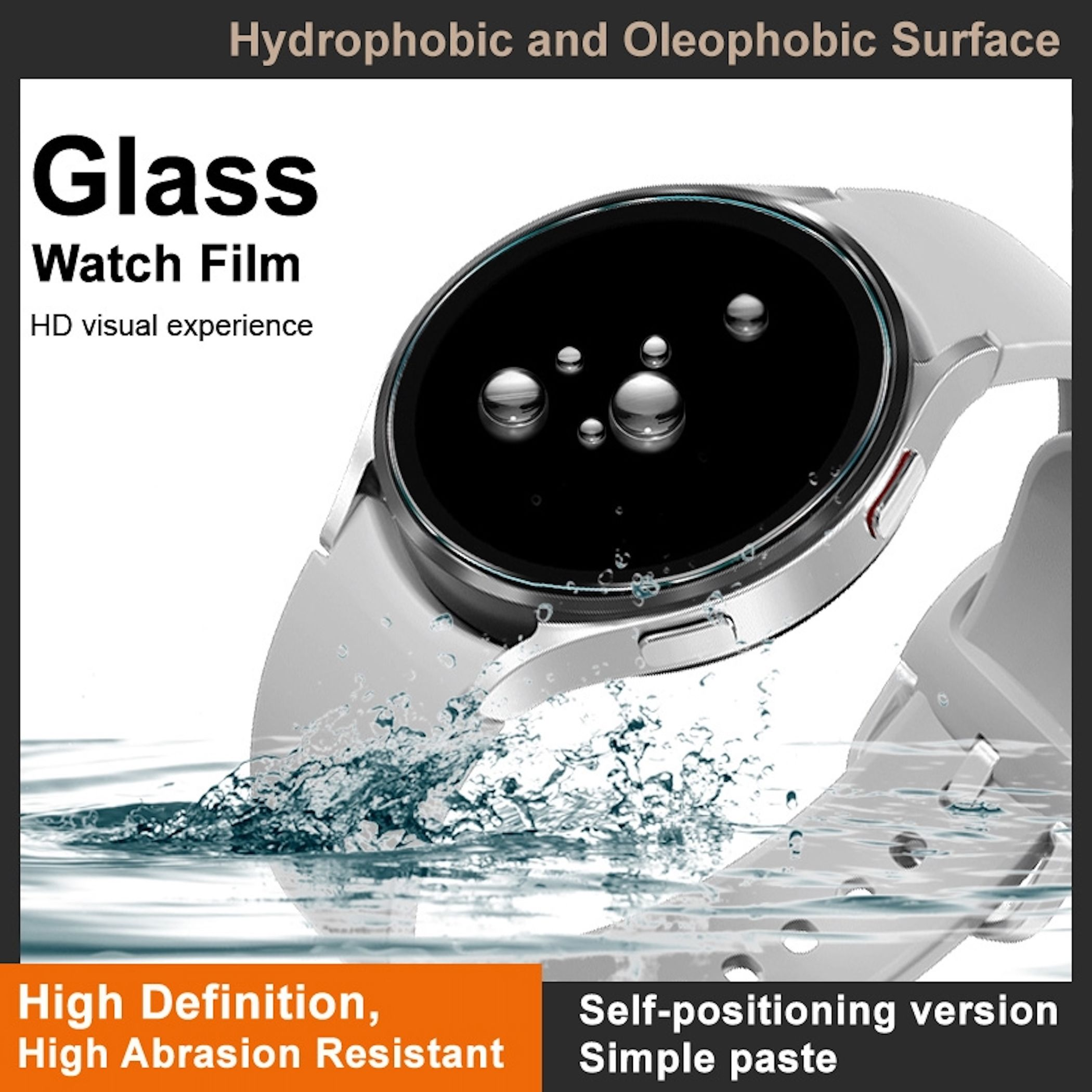 Uno schermo di smartwatch bianco con gocce d'acqua, circondato da cassa e cinturino argentati.