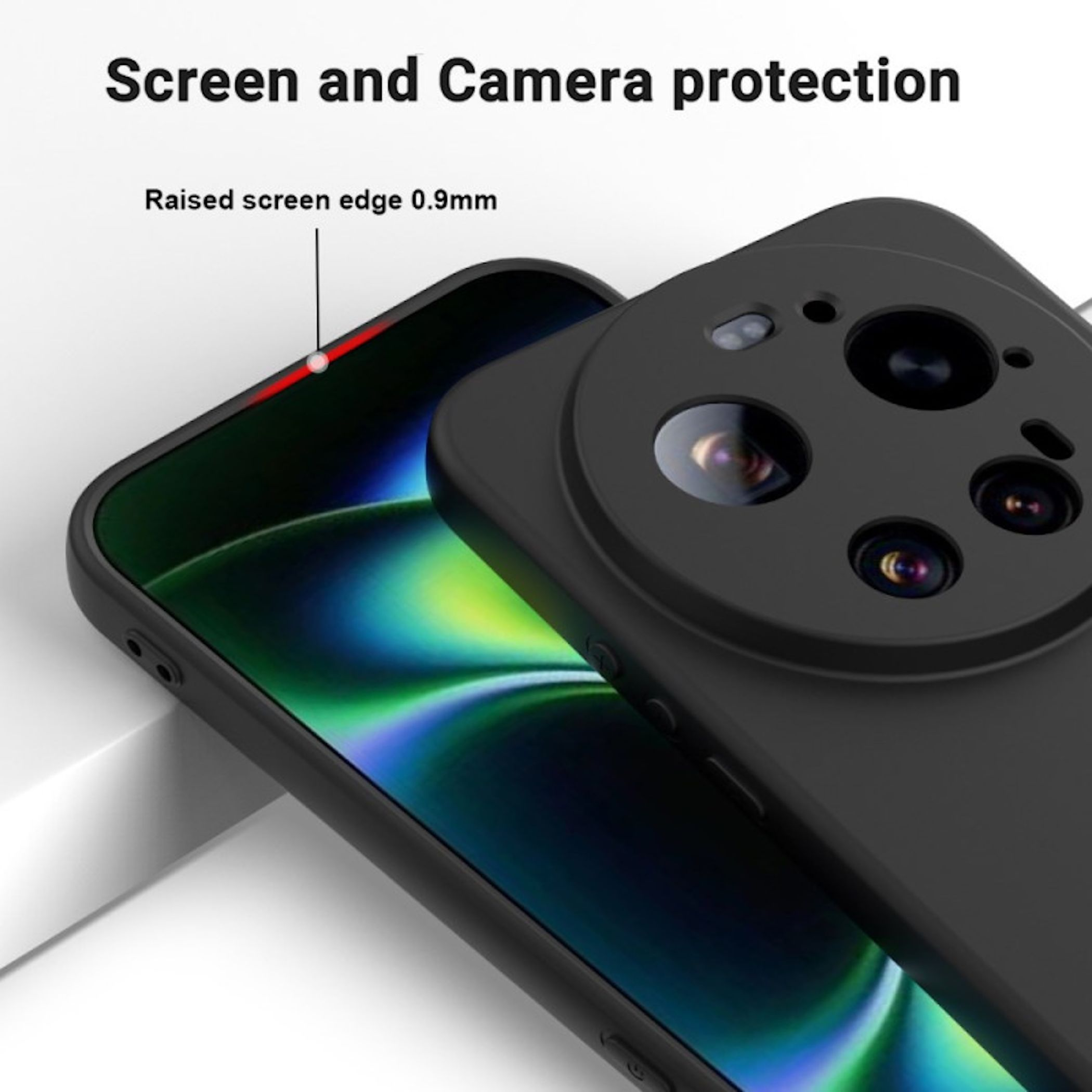 Funda negra para teléfono que muestra el conjunto de cámaras y el borde elevado de la pantalla.