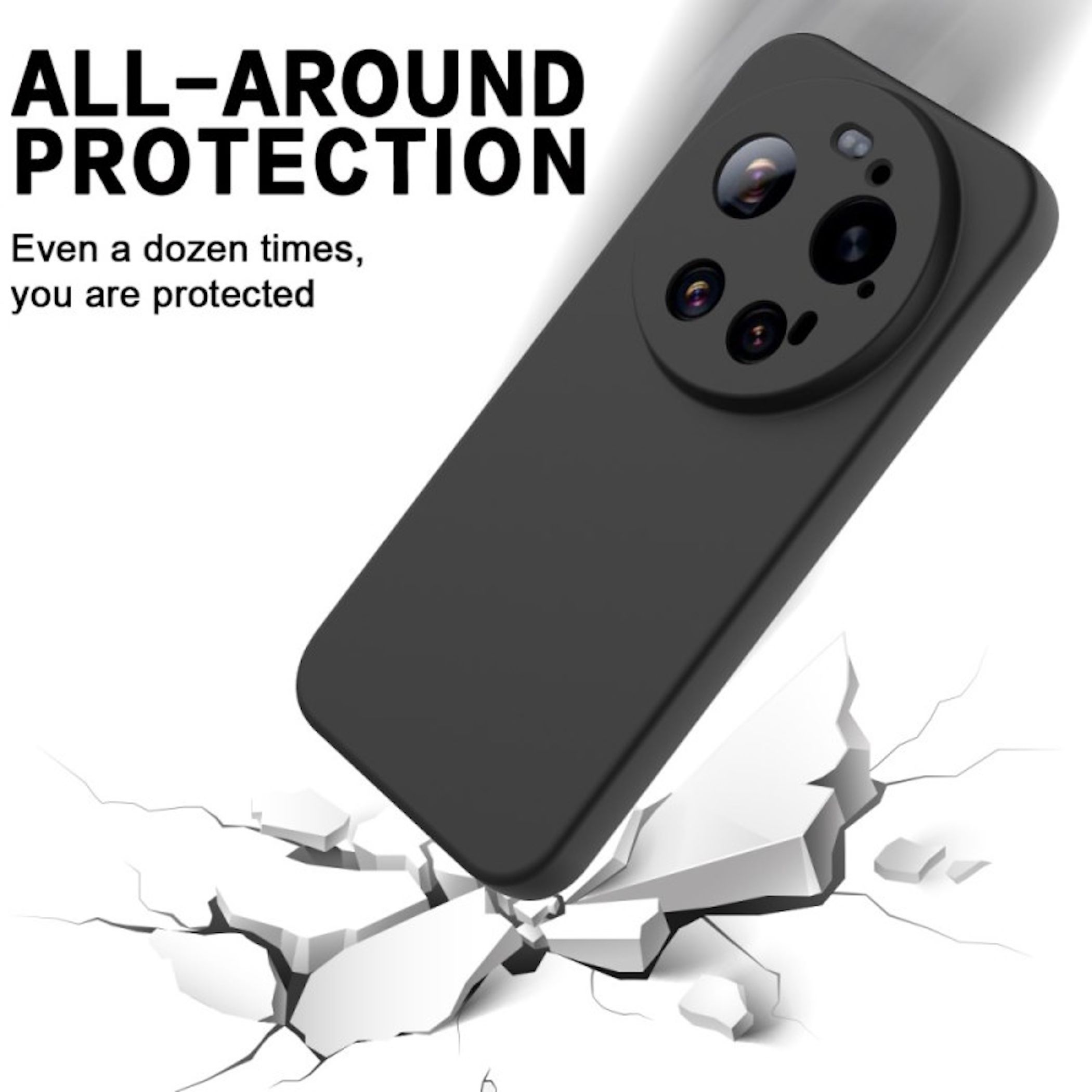 Funda negra de teléfono rompe superficie blanca. Texto: Protección total.