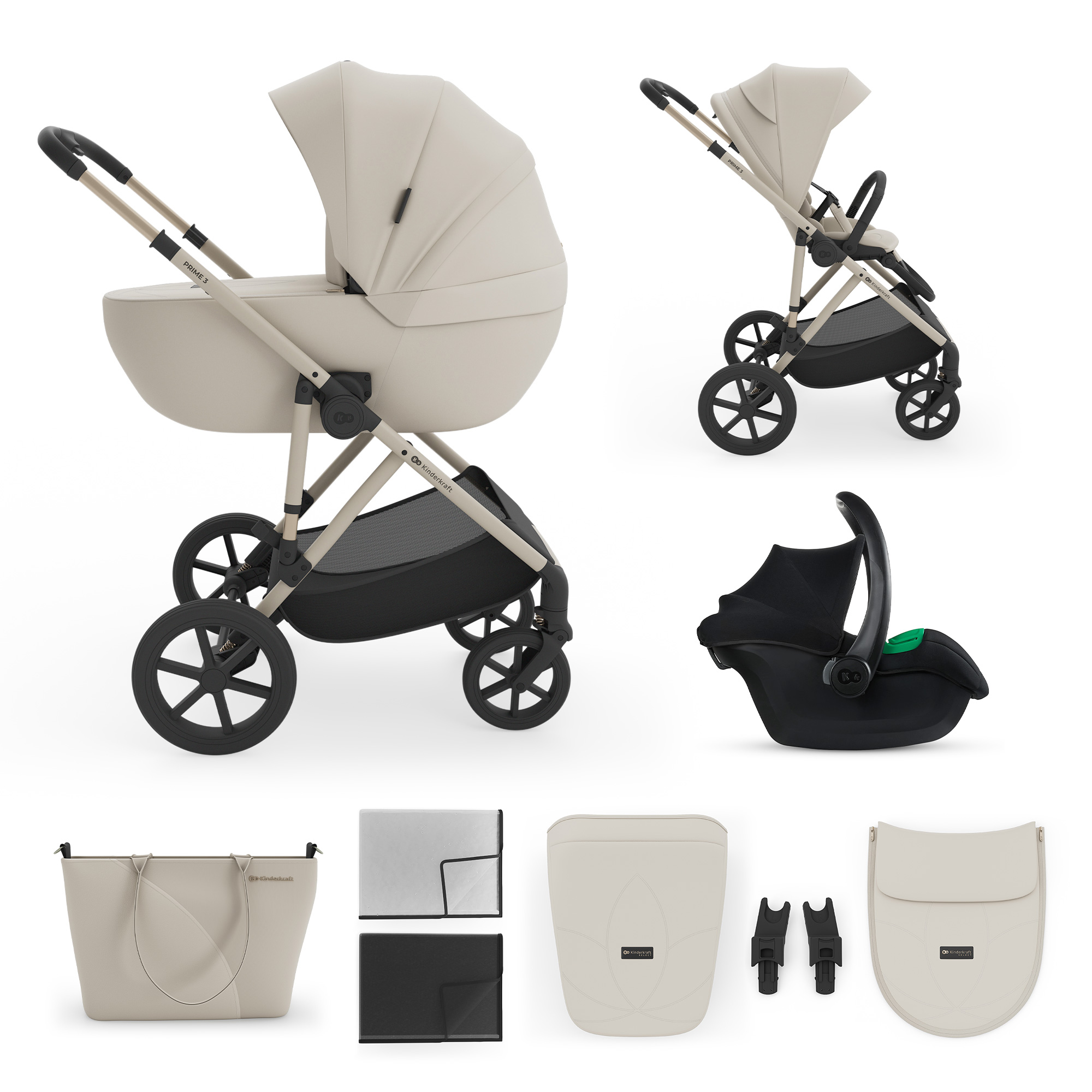 Kinderwagenaufsatz, Autositz, Tasche, Fußsack und Adapter auf weißem Hintergrund.