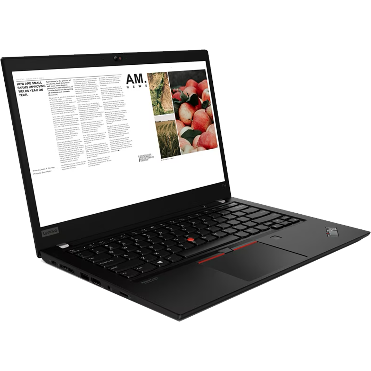 Zwarte Lenovo laptop met nieuwsartikelen en productafbeeldingen op het scherm.