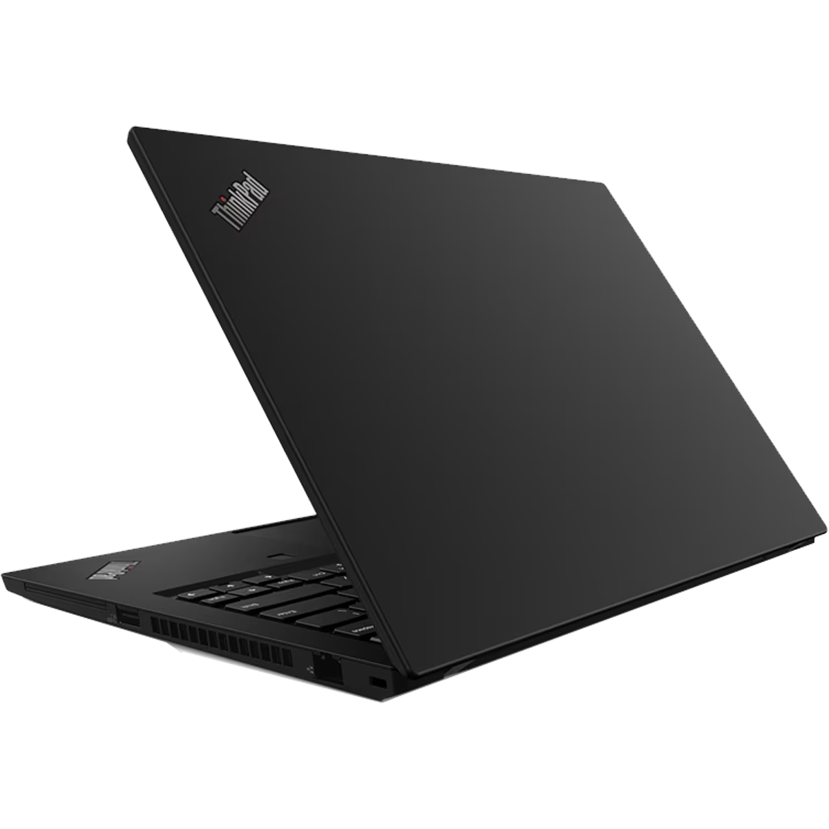 Zwarte laptop met open deksel, toetsenbord zichtbaar. ThinkPad-logo linksboven.