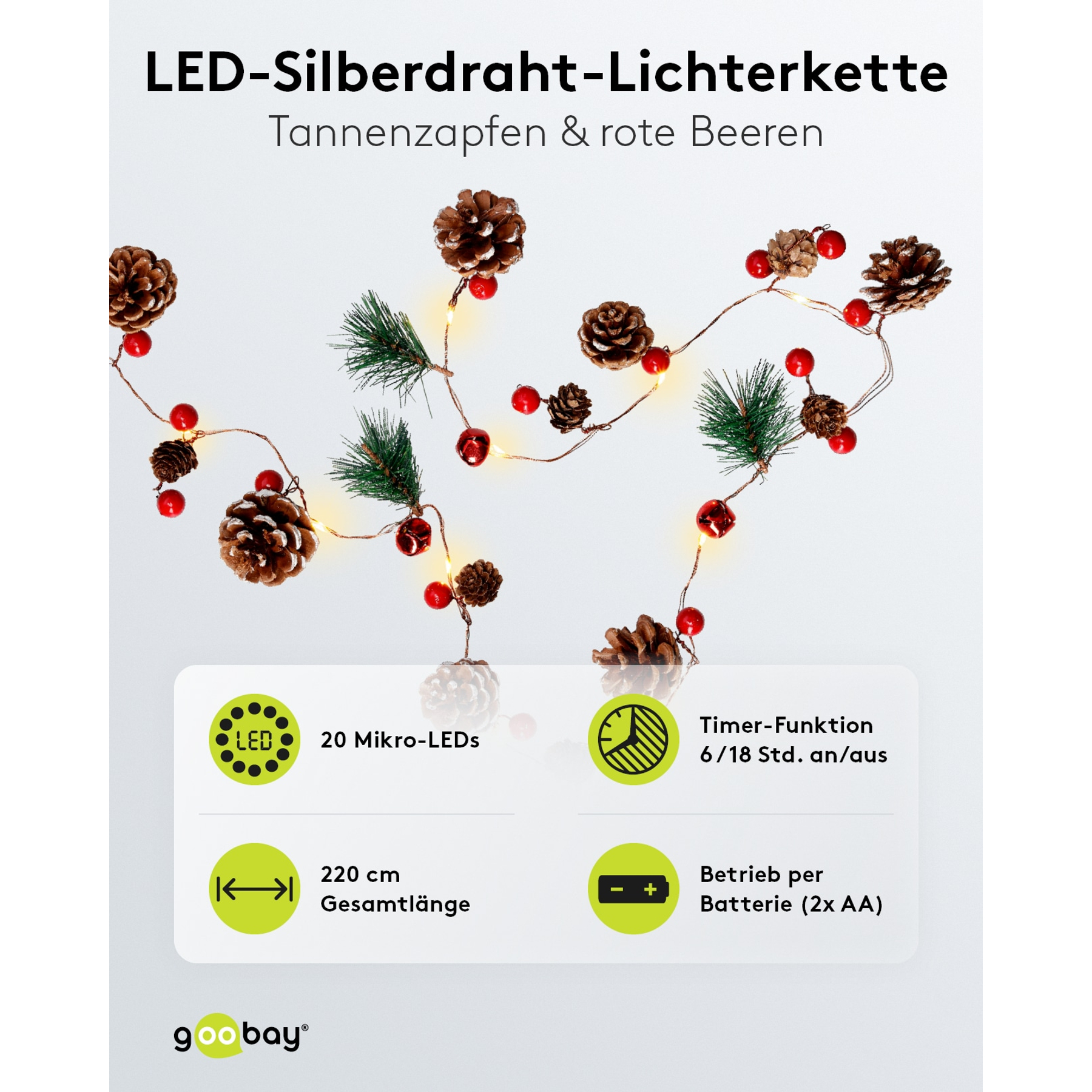 Lichterkette mit Tannenzapfen, roten Beeren und LEDs. 220 cm lang.