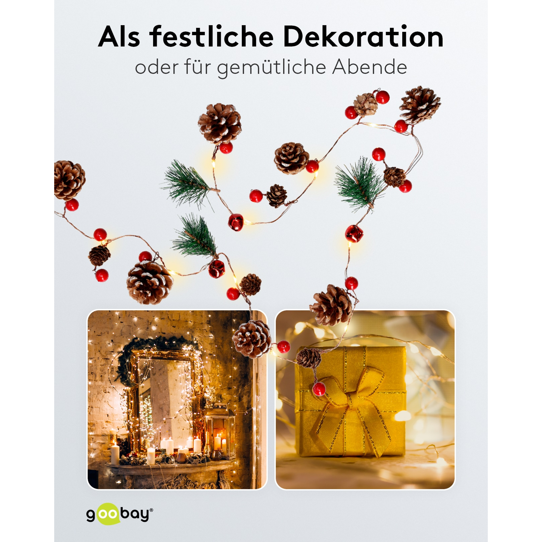 Weihnachtsgirlande mit Zapfen, Beeren, Tannenzweigen und Lichtern.