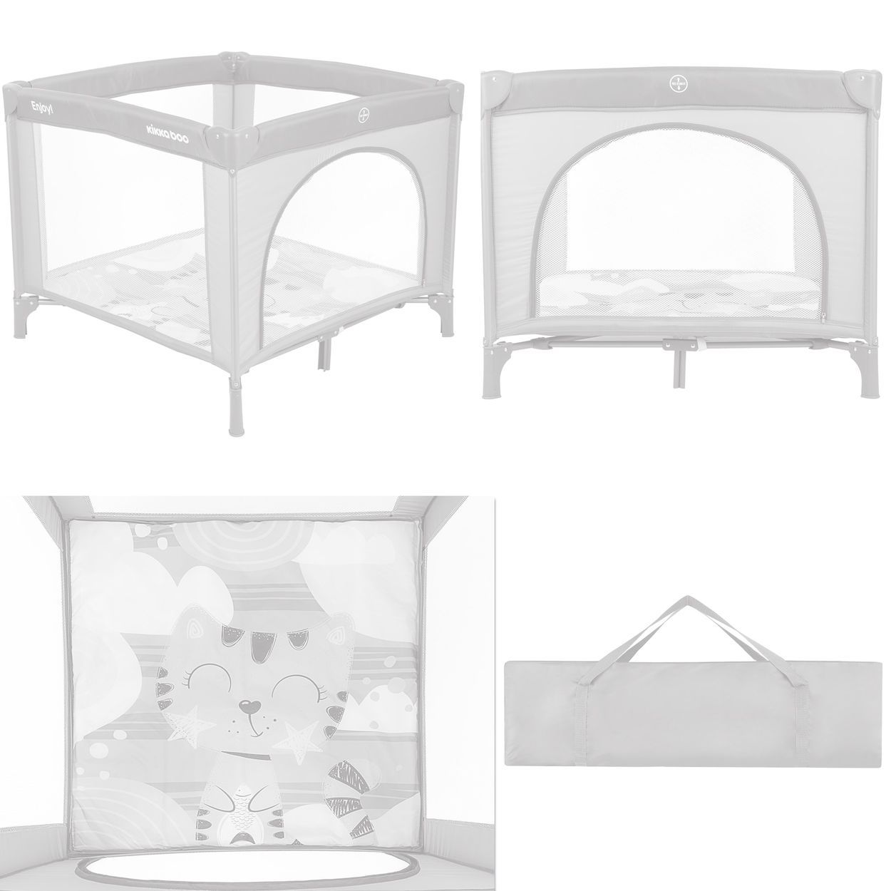 Ein graues Kinderreisebett mit Bärenmotiv und Tragetasche.