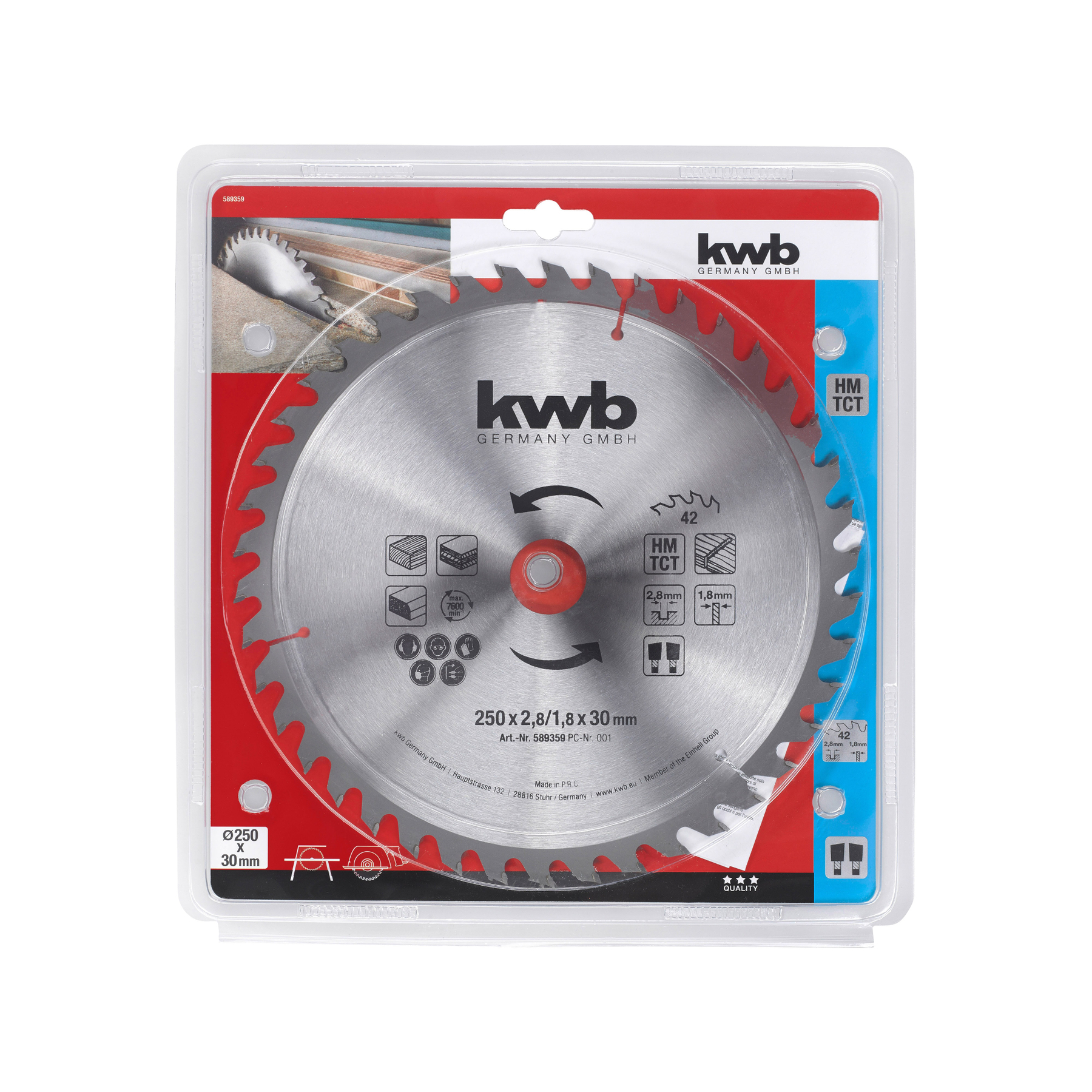 Kreissägeblatt mit roten Zähnen und "kwb GERMANY GMBH" Aufschrift in Verpackung.