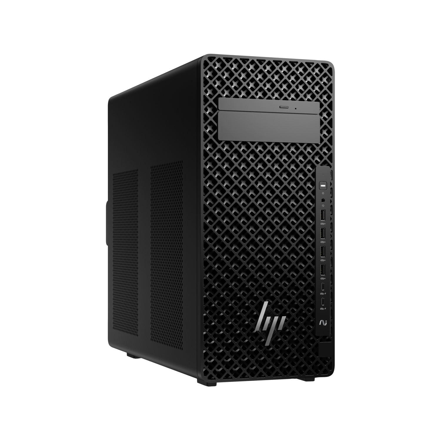 Czarny komputer HP typu tower z kratownicą z przodu i logo HP.