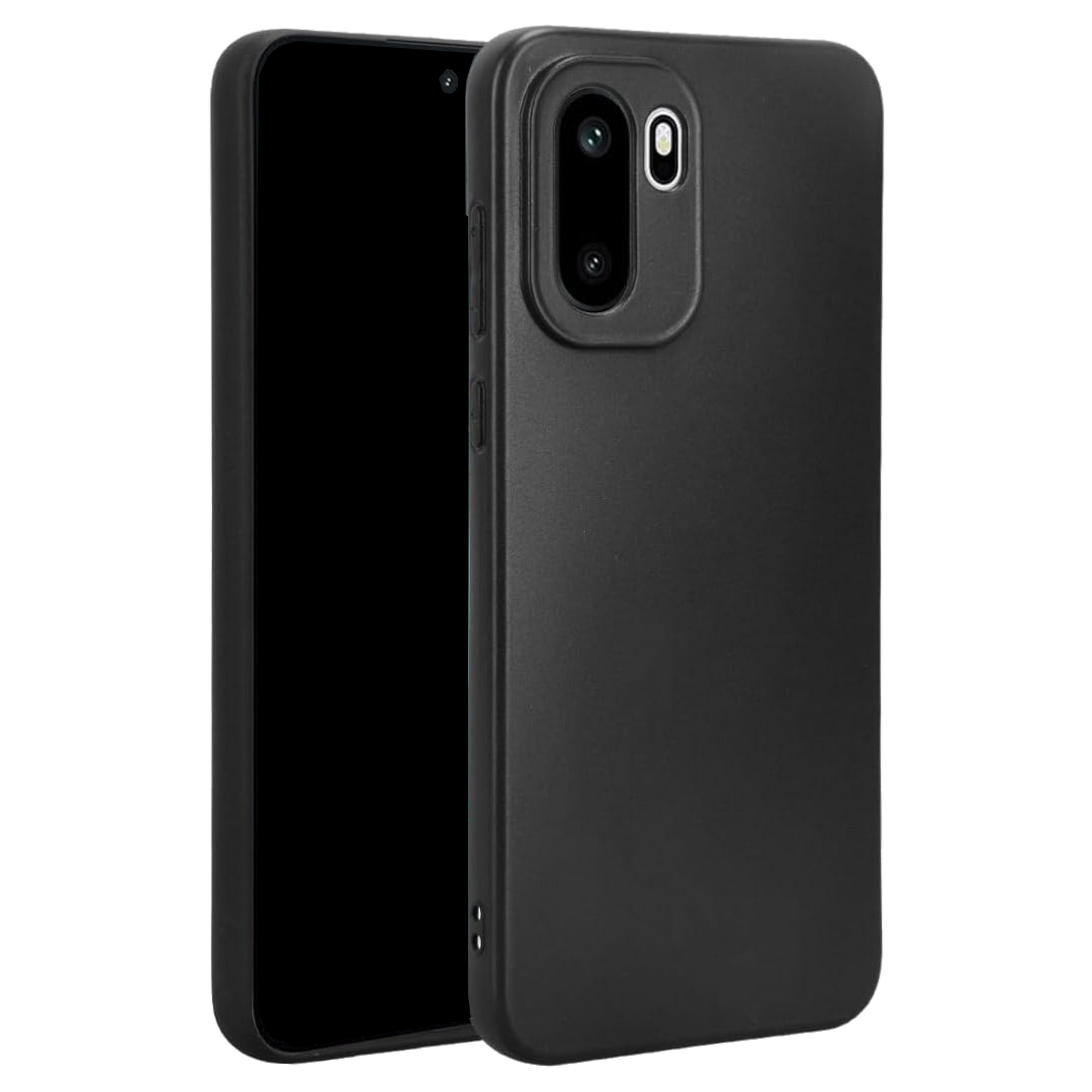 Schwarzes Smartphone in einer schwarzen Hülle mit Kameraausschnitt.