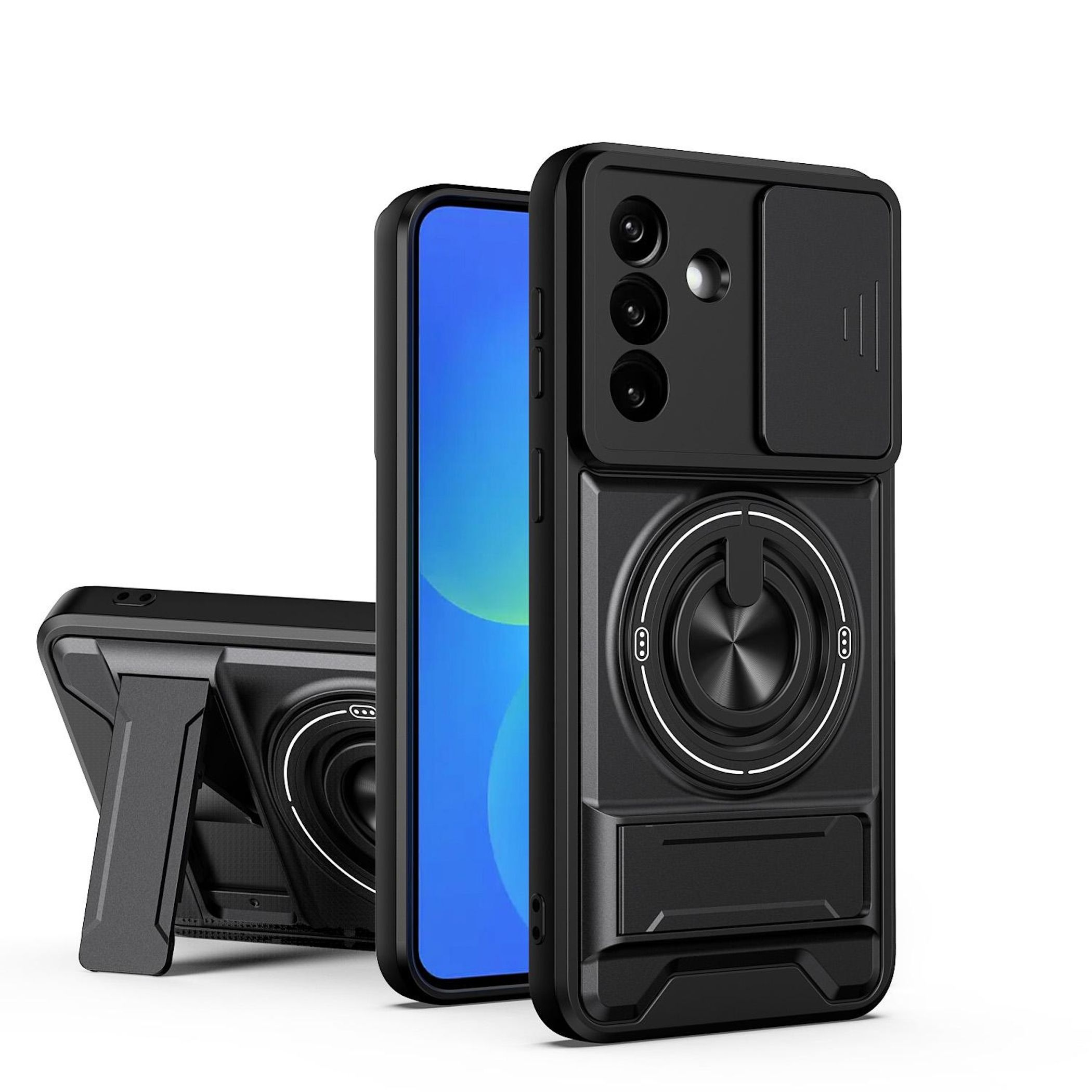 Schwarzes Handy mit integriertem Ständer und Kameraschutz.