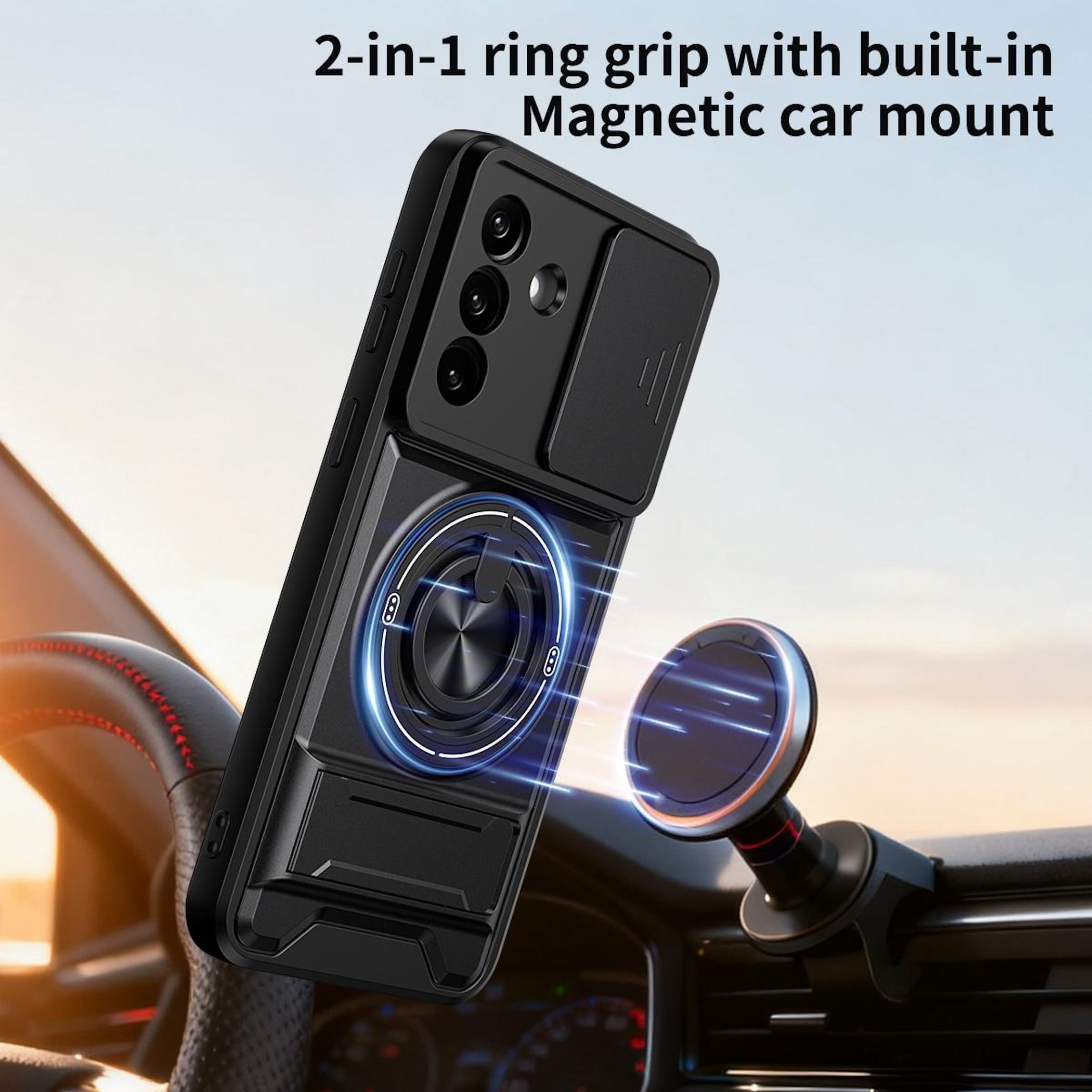 Schwarze Handyhülle mit Ringhalterung und Magnet-Autohalterung am Armaturenbrett.