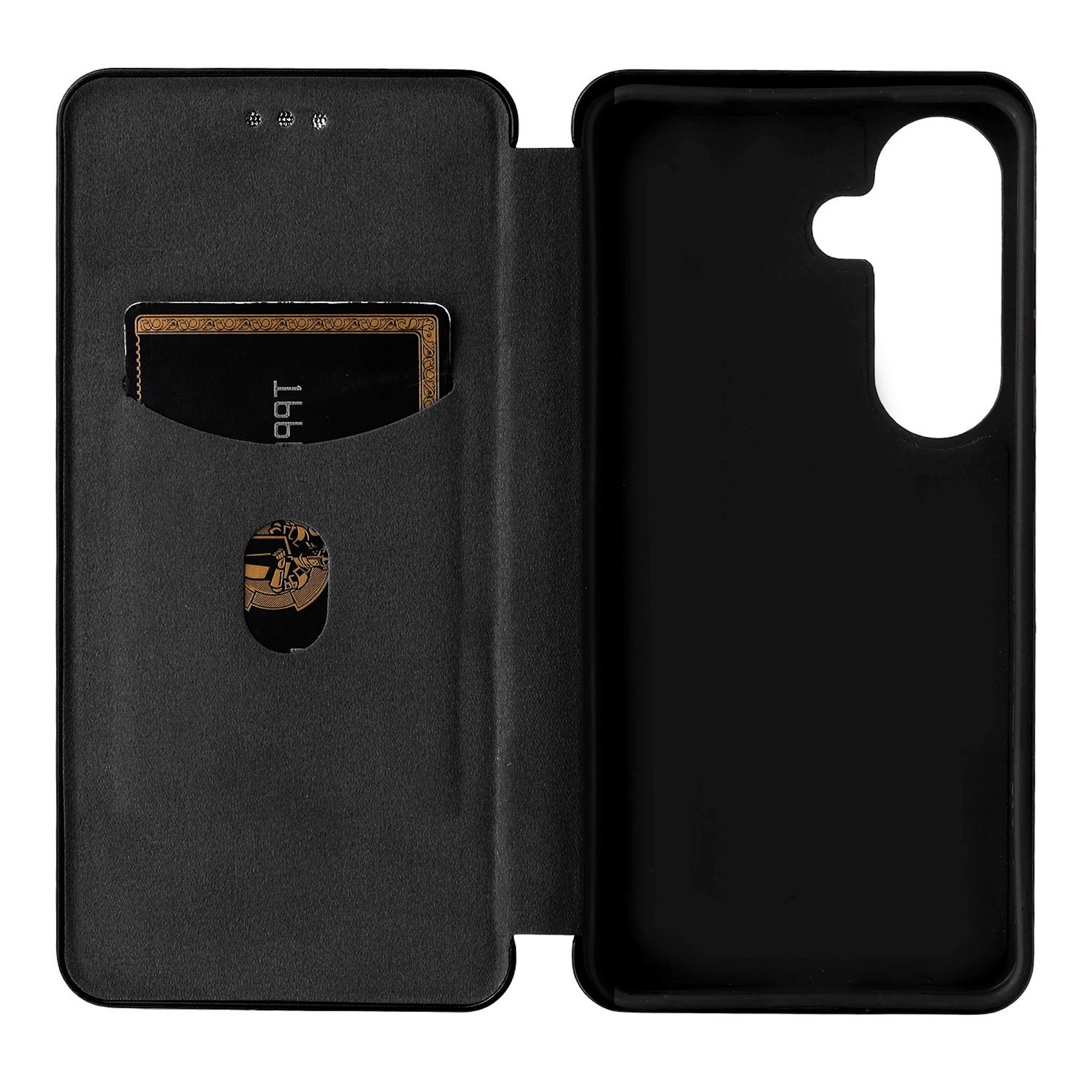 Funda negra para teléfono abatible con ranura para tarjetas y recorte para cámara.