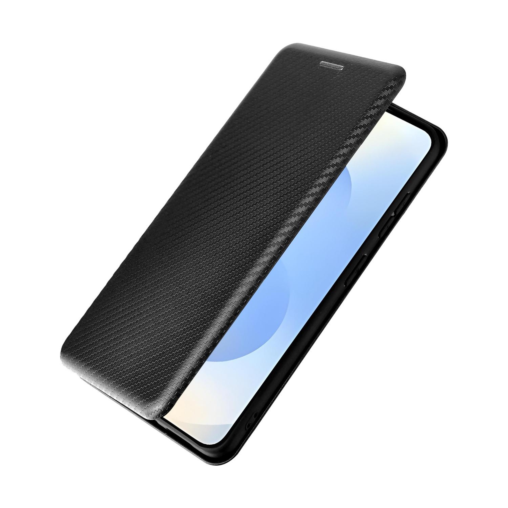Un teléfono móvil negro con su tapa abatible de fibra de carbono abierta.