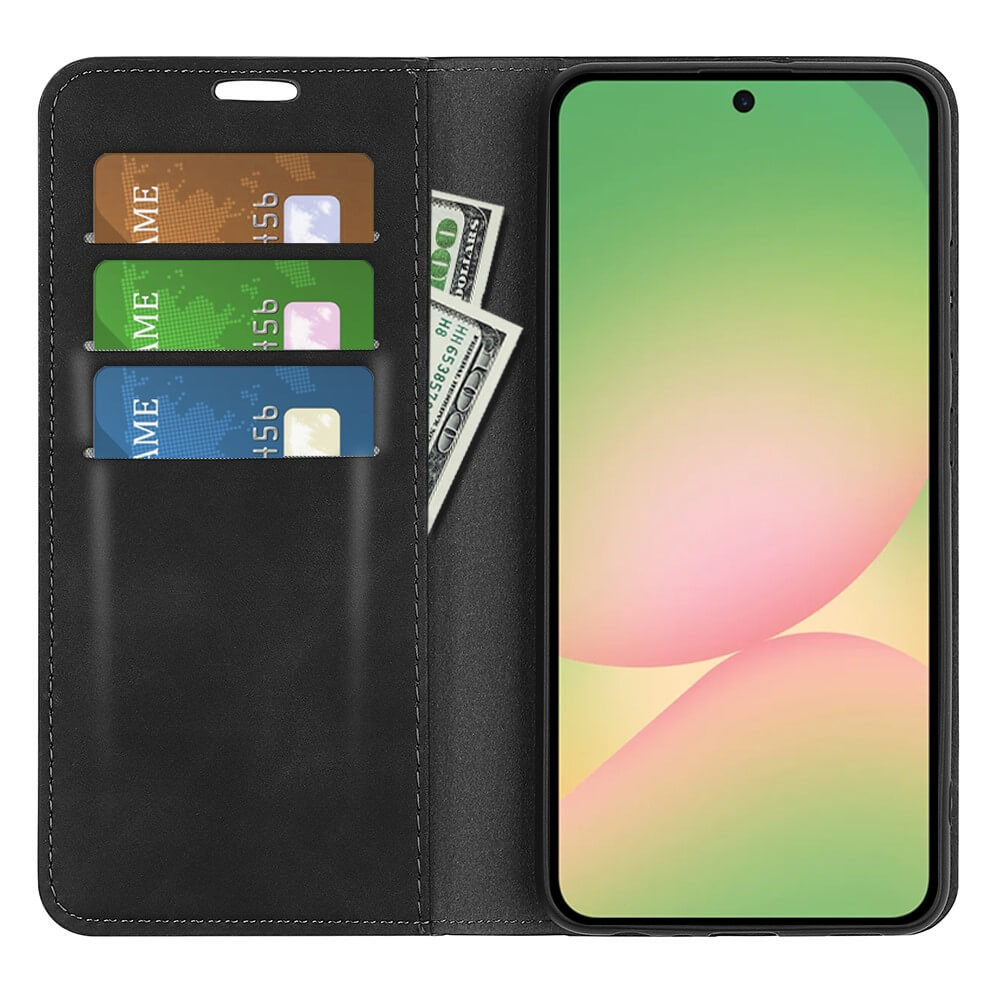 Étui de téléphone noir avec fentes pour cartes et billets, écran de smartphone visible.