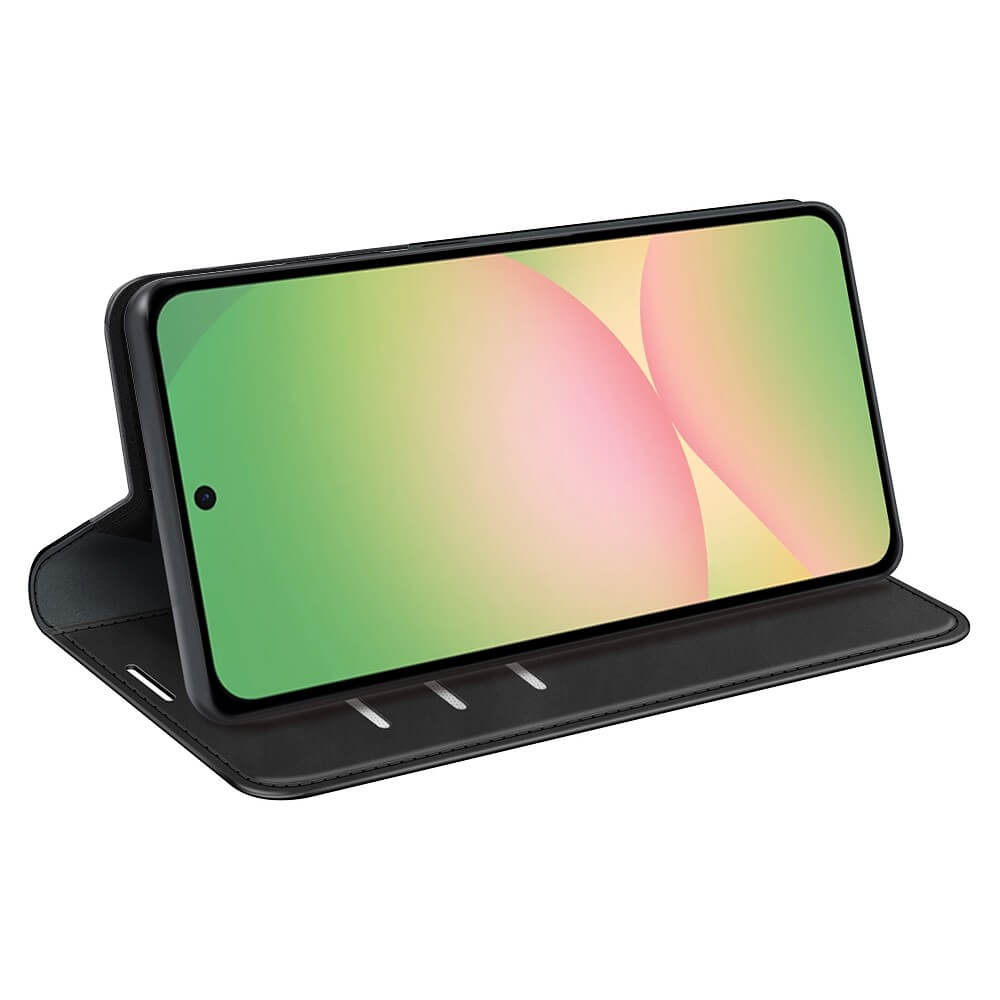 Un smartphone noir dans un étui folio noir ouvert, affichant un graphique d'écran coloré.