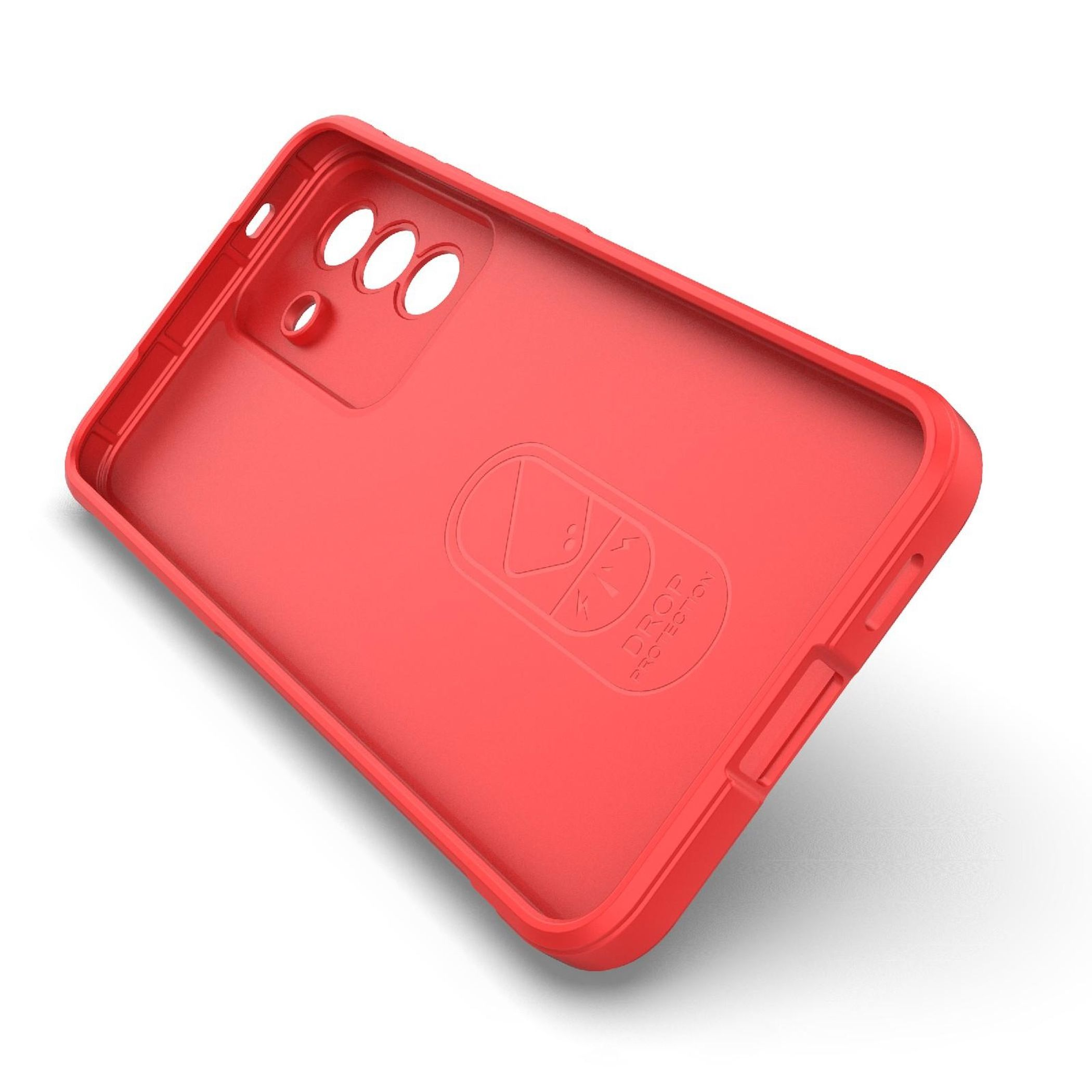 Rote Handyhülle mit "Drop Protection"-Logo und Aussparungen für Kamera und Knöpfe.