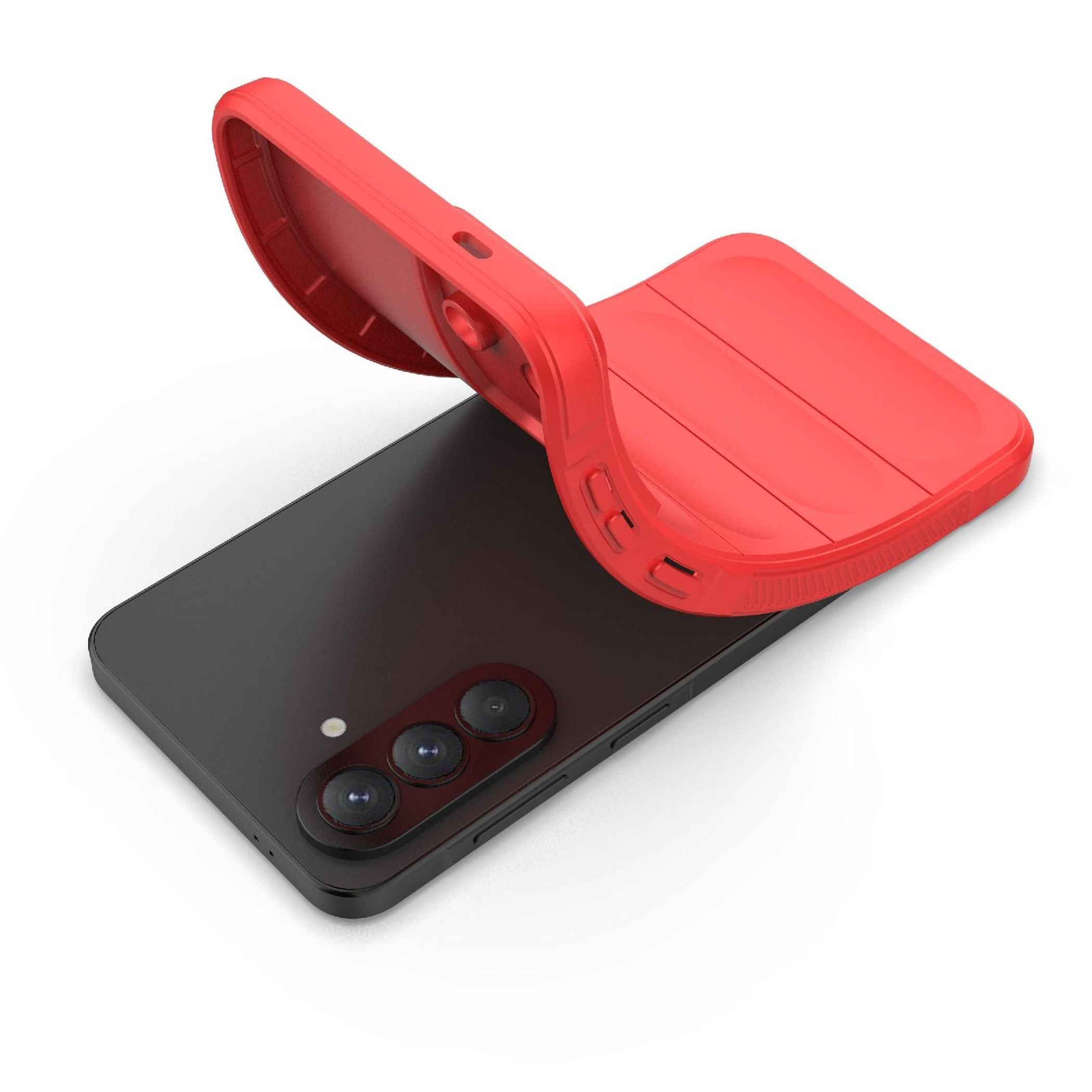 Ein rotes Handycover wird über ein schwarzes Smartphone gelegt.
