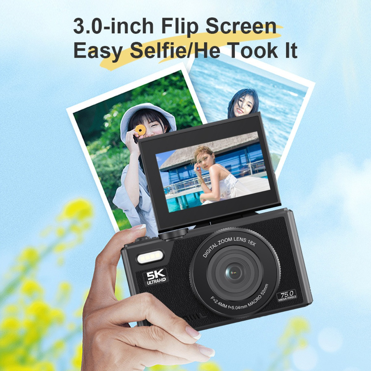 Dłoń trzyma czarny aparat cyfrowy z ekranem uchylnym pokazującym kobietę. Zdjęcia z tyłu pokazują ludzi.