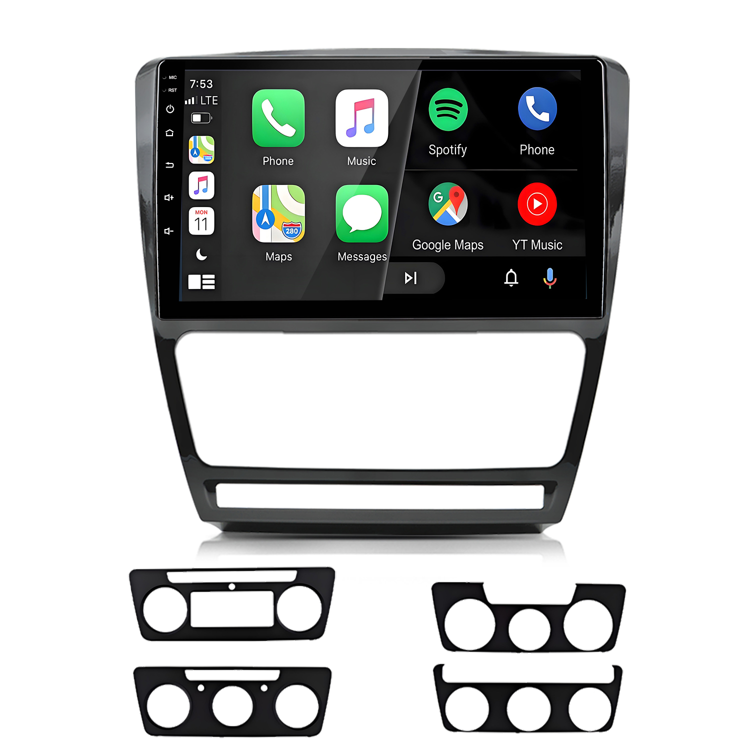 Autoradio-Display mit Apps wie Telefon, Musik, Spotify, Maps. Beigelegtes Zubehör.
