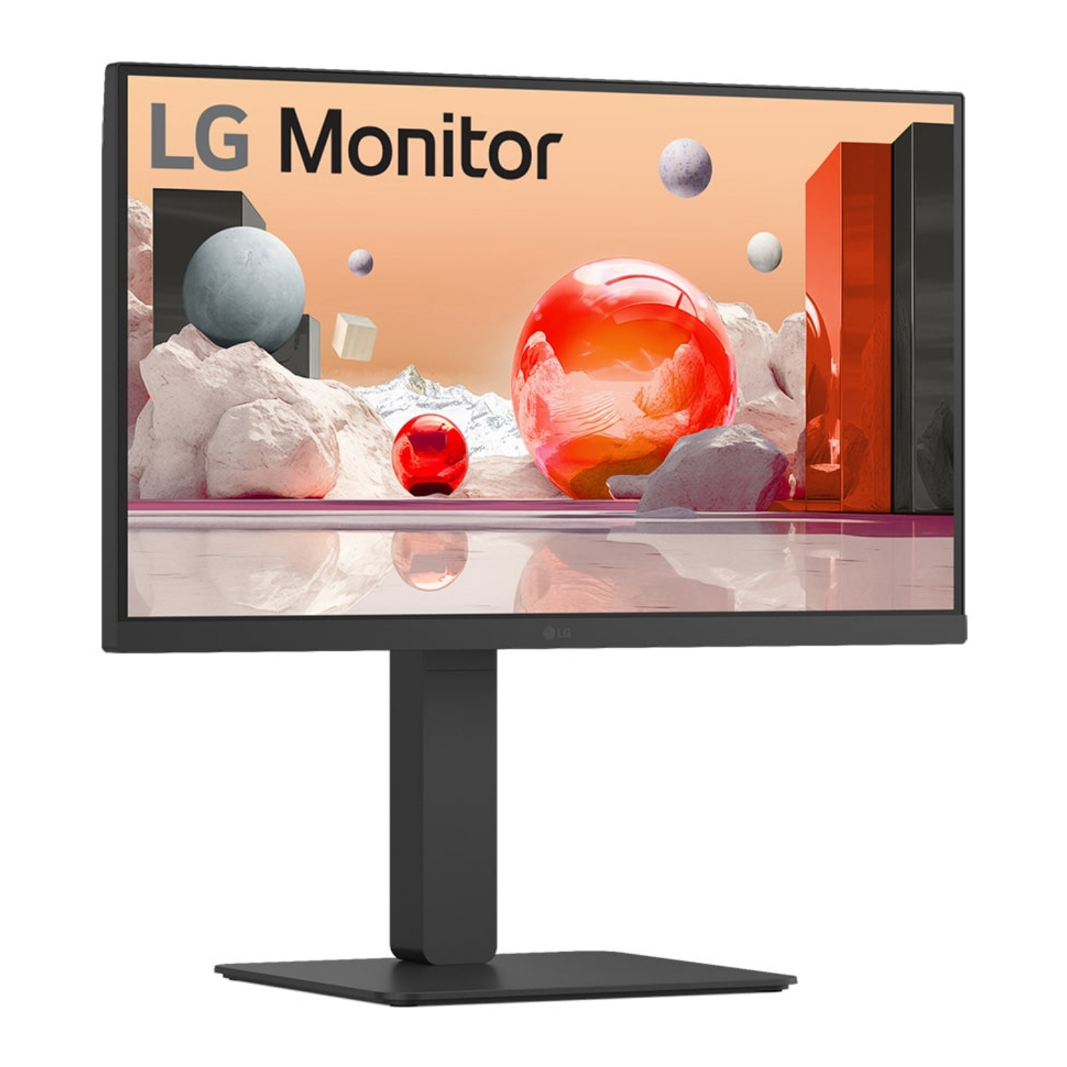 An LG monitor displaying abstract art: large red sphere, rocks, cubes.