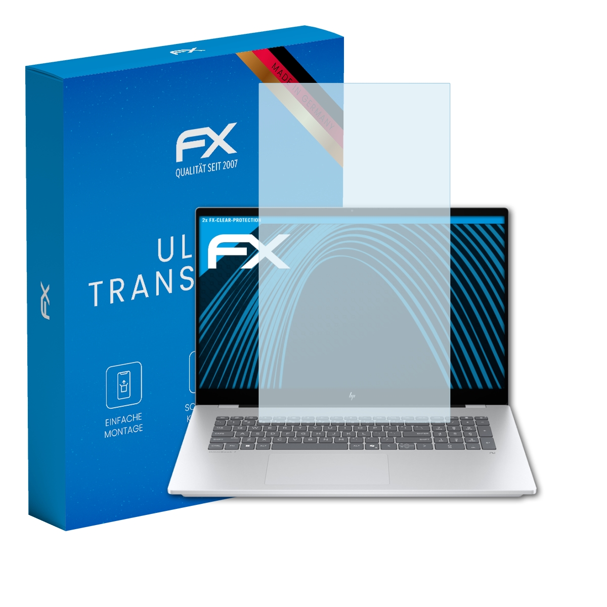 Blauer Karton neben einem Laptop mit Displayschutzfolie. Made in Germany.
