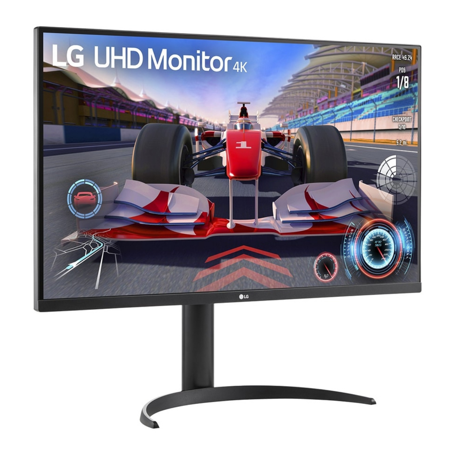 Monitor LG UHD 4K wyświetla grę wyścigową z bolidem F1 i torem.