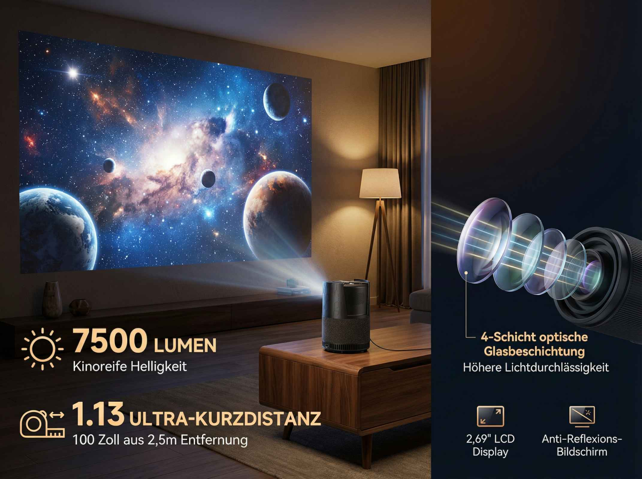 Projektor wirft Weltraumbild, 7500 Lumen, Kurzdistanz, optische Beschichtung.