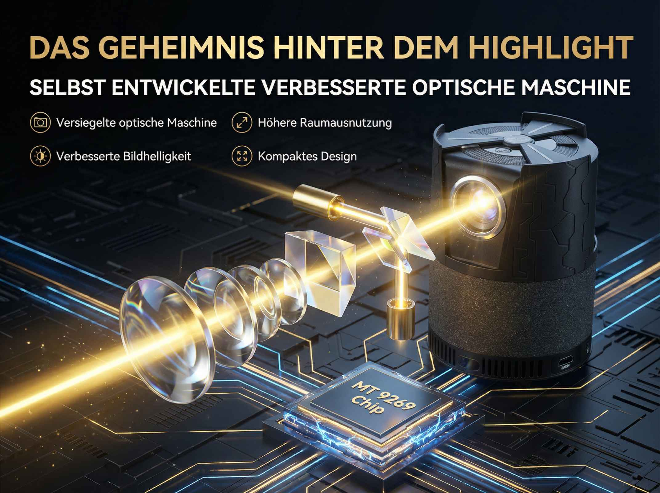 Projektor-Komponenten mit Lichtstrahl, Chip und Text.