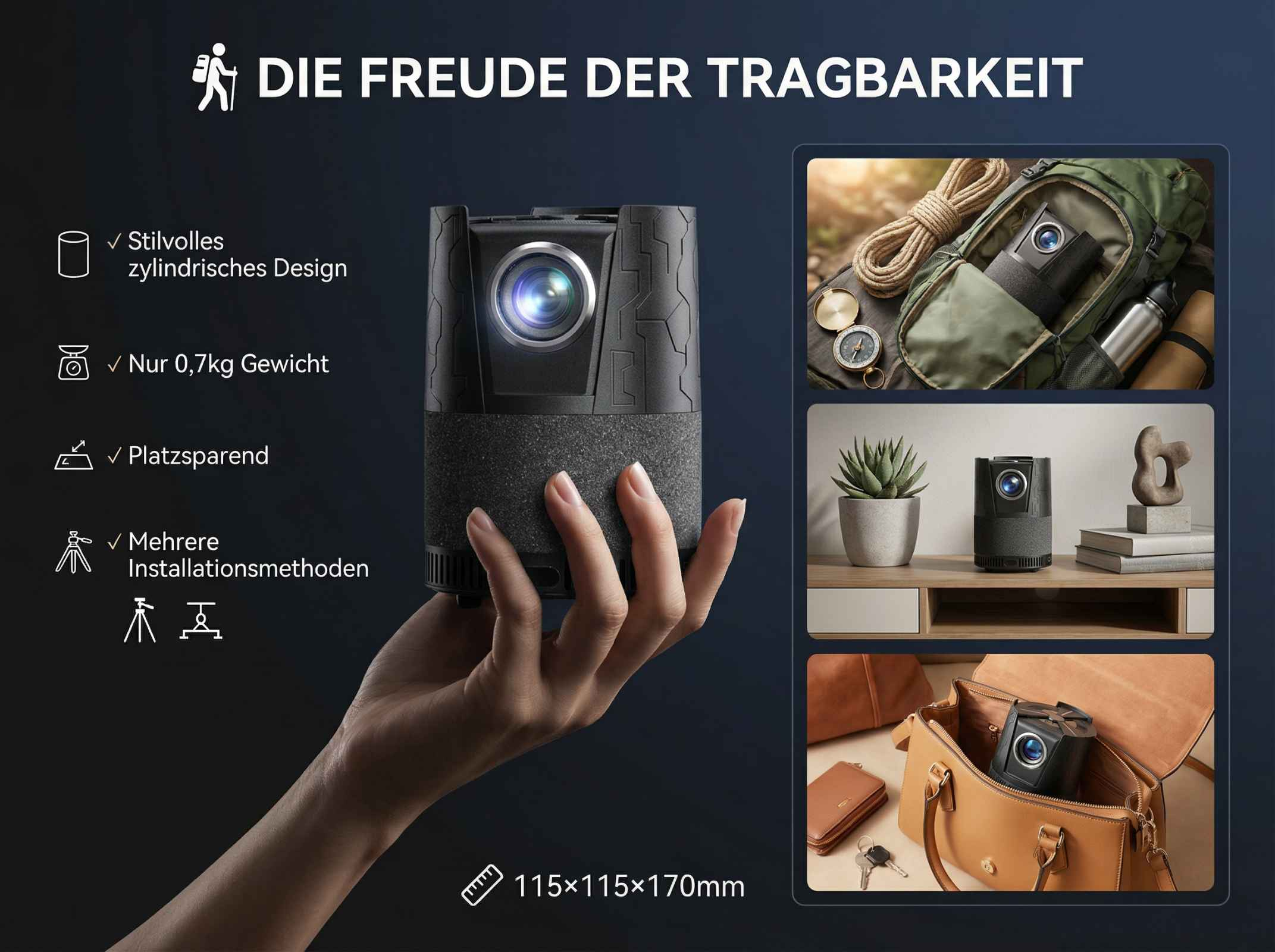 Schwarzer Projektor mit Zubehör in Rucksack, Tasche und auf Regal.