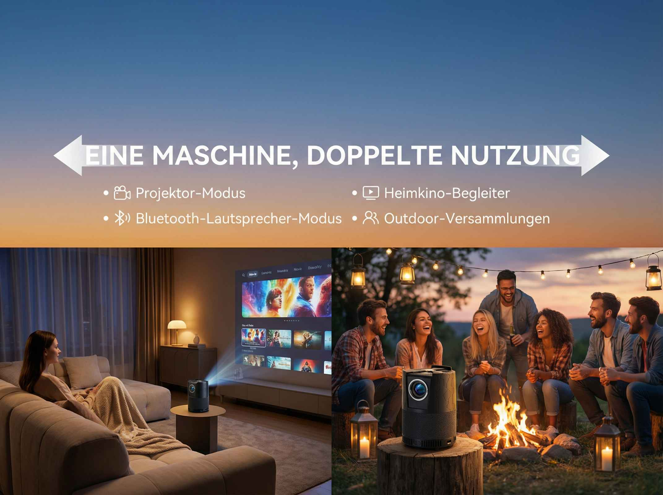 Ein Projektor wird drinnen und draußen genutzt, mit Freunden am Lagerfeuer.