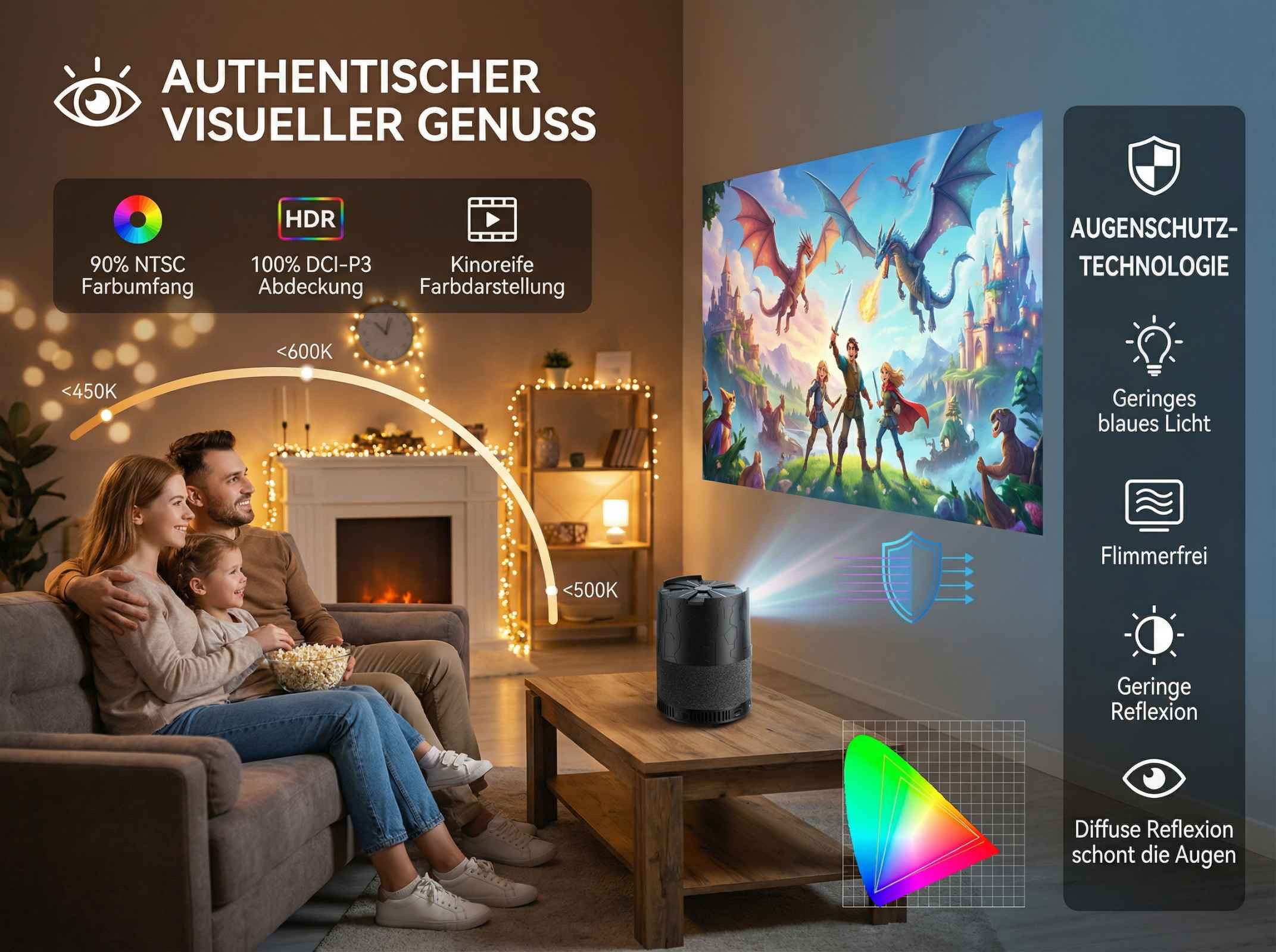 Familie schaut Film auf Projektor, mit technischen Details.