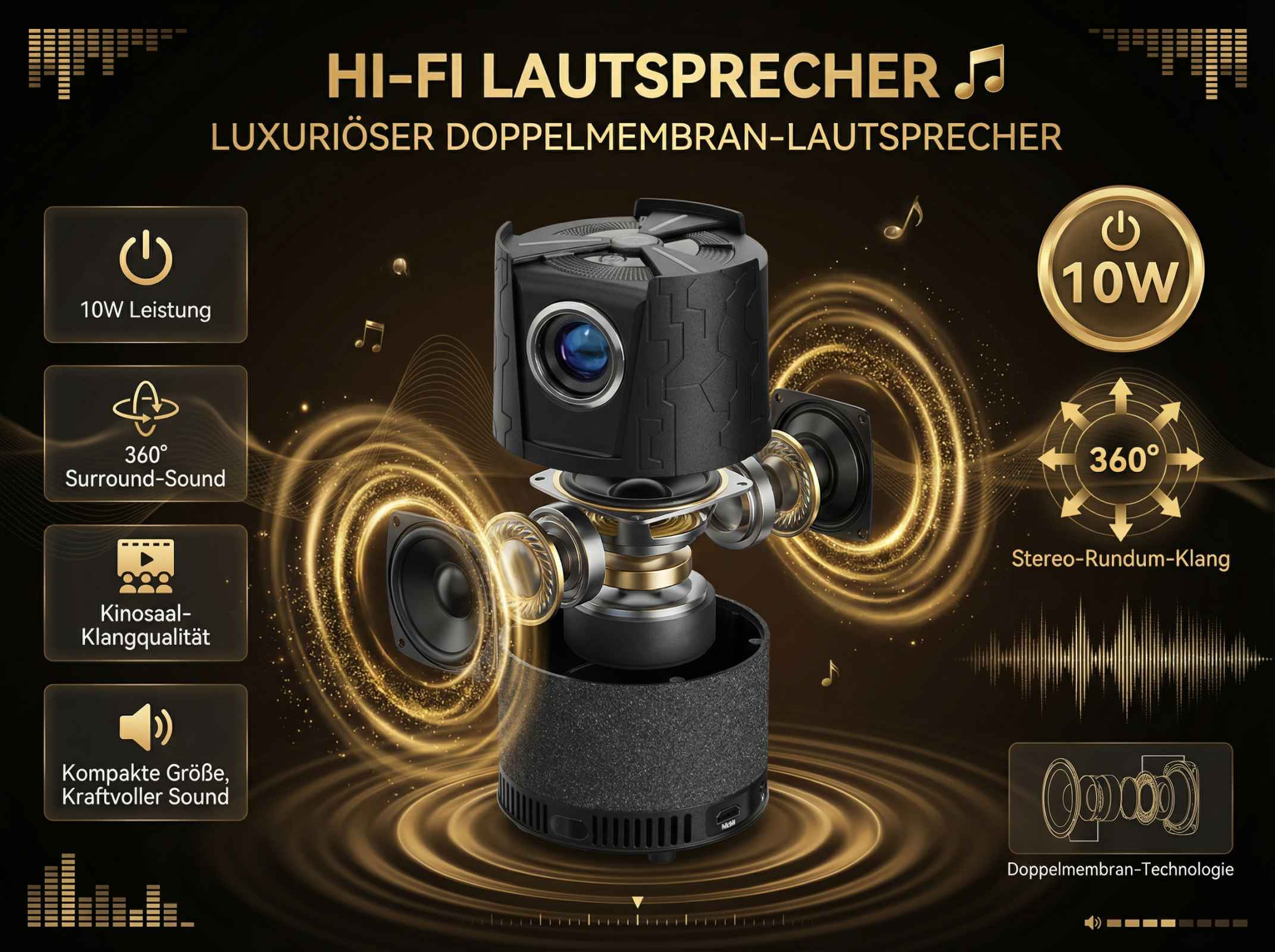 Ein Hi-Fi-Lautsprecher mit 10W Leistung, 360° Surround-Sound und Doppelmembran-Technologie.
