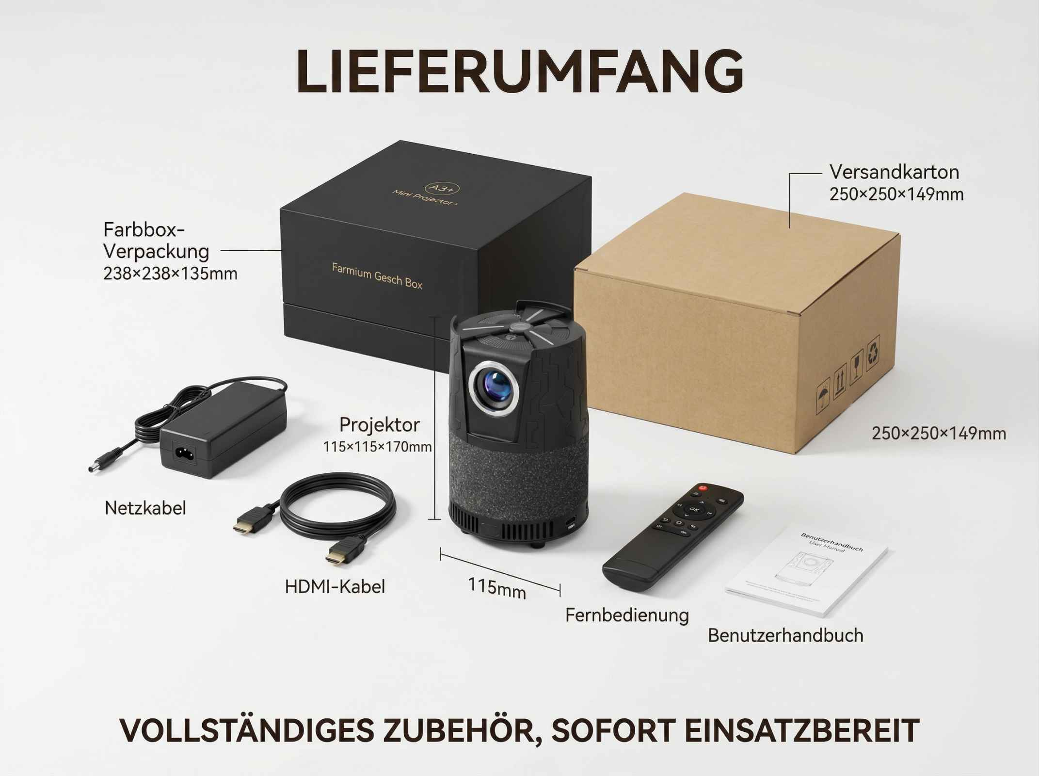 Der Lieferumfang zeigt einen Projektor, Netzkabel, HDMI-Kabel, Fernbedienung, Benutzerhandbuch, Farbbox und Versandkarton.