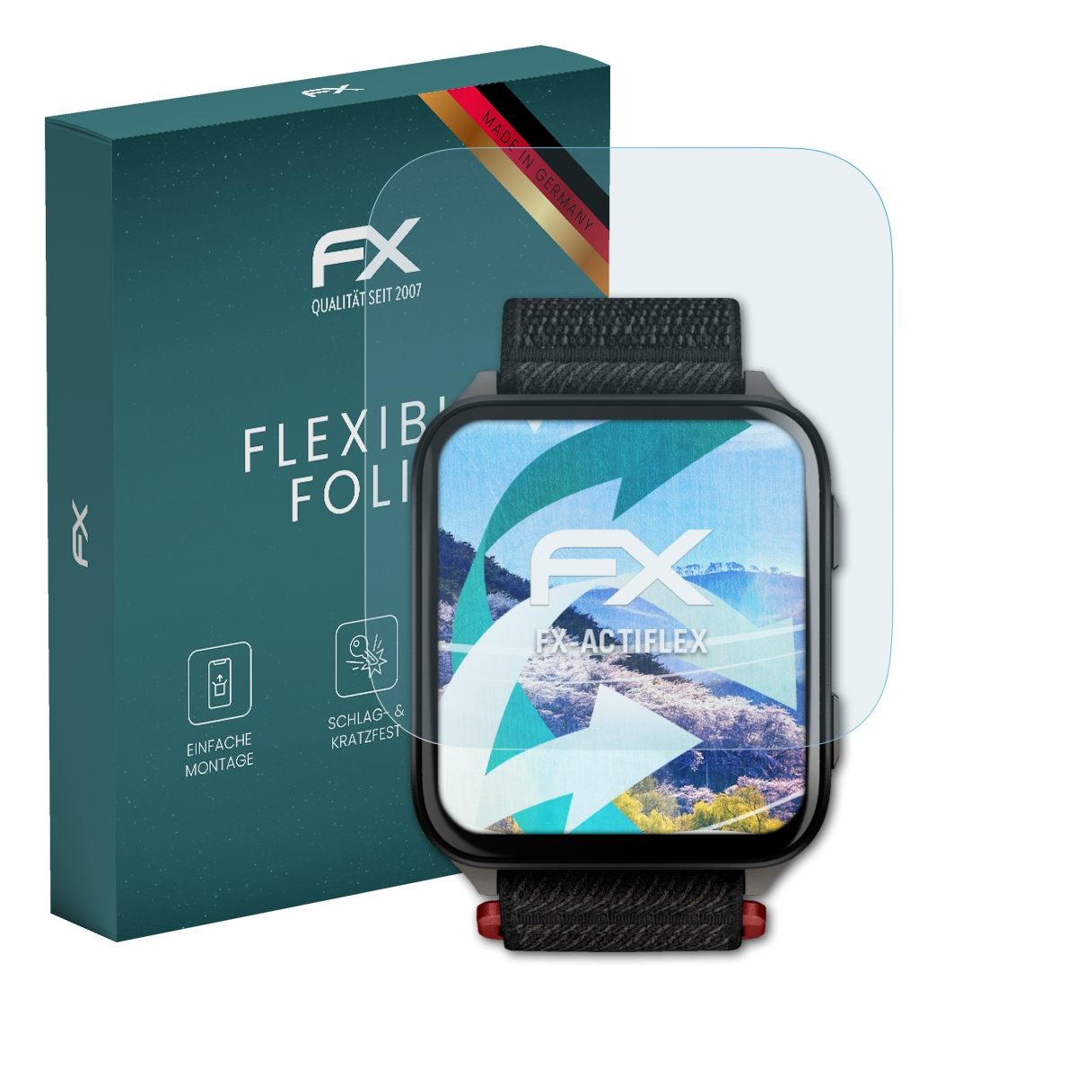 Ein FX Actiflex Displayschutz für Smartwatches neben der Verpackung.