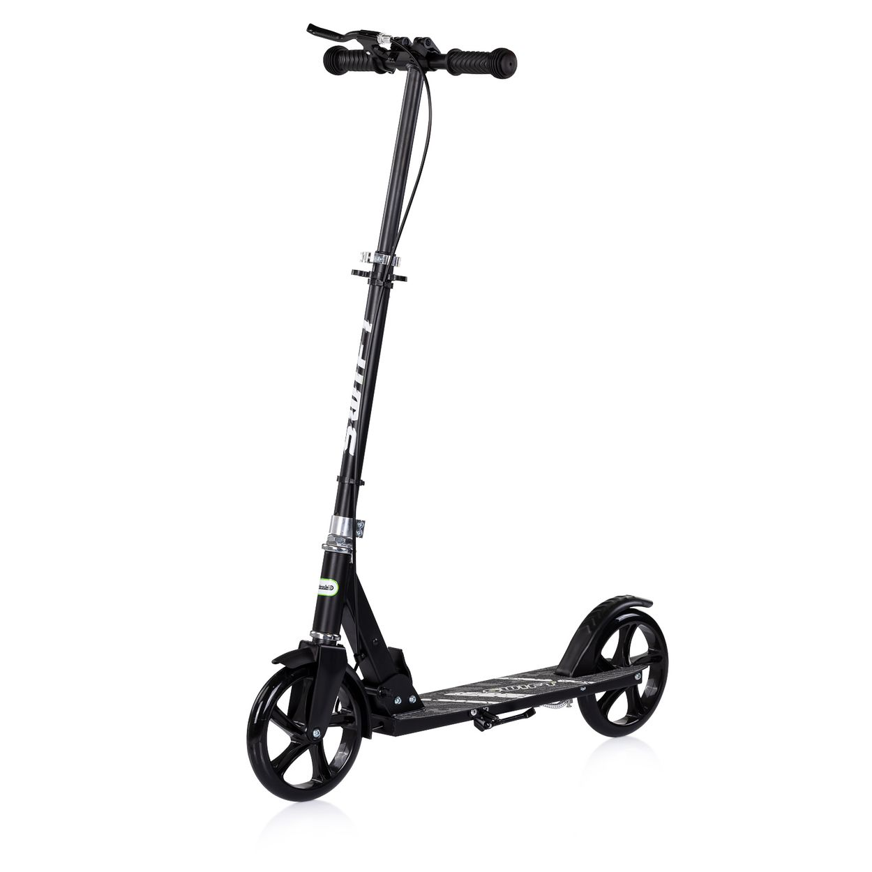 Ein schwarzer Roller mit großen Rädern und Lenkergriff.
