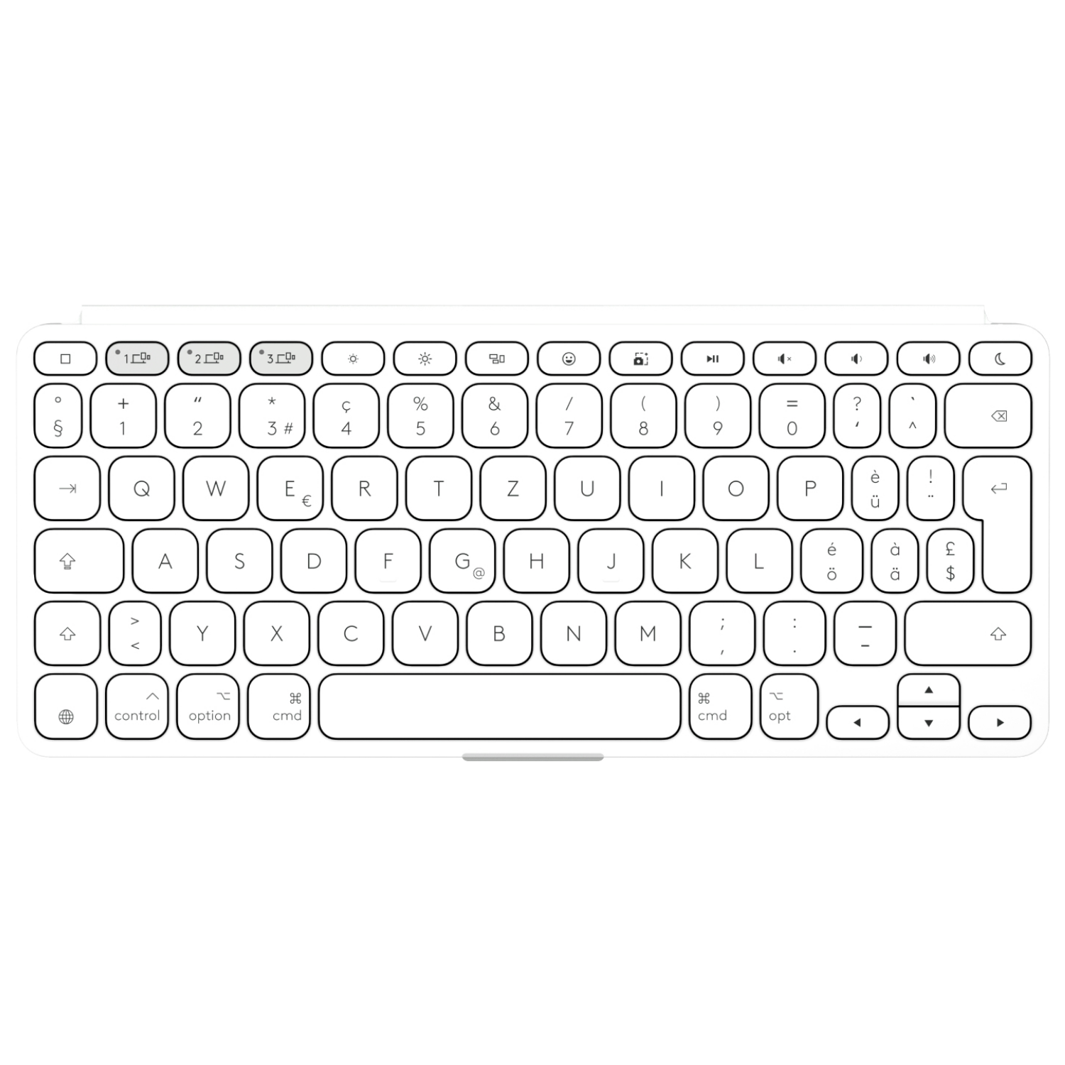 Biała klawiatura z czarnymi klawiszami i symbolami.