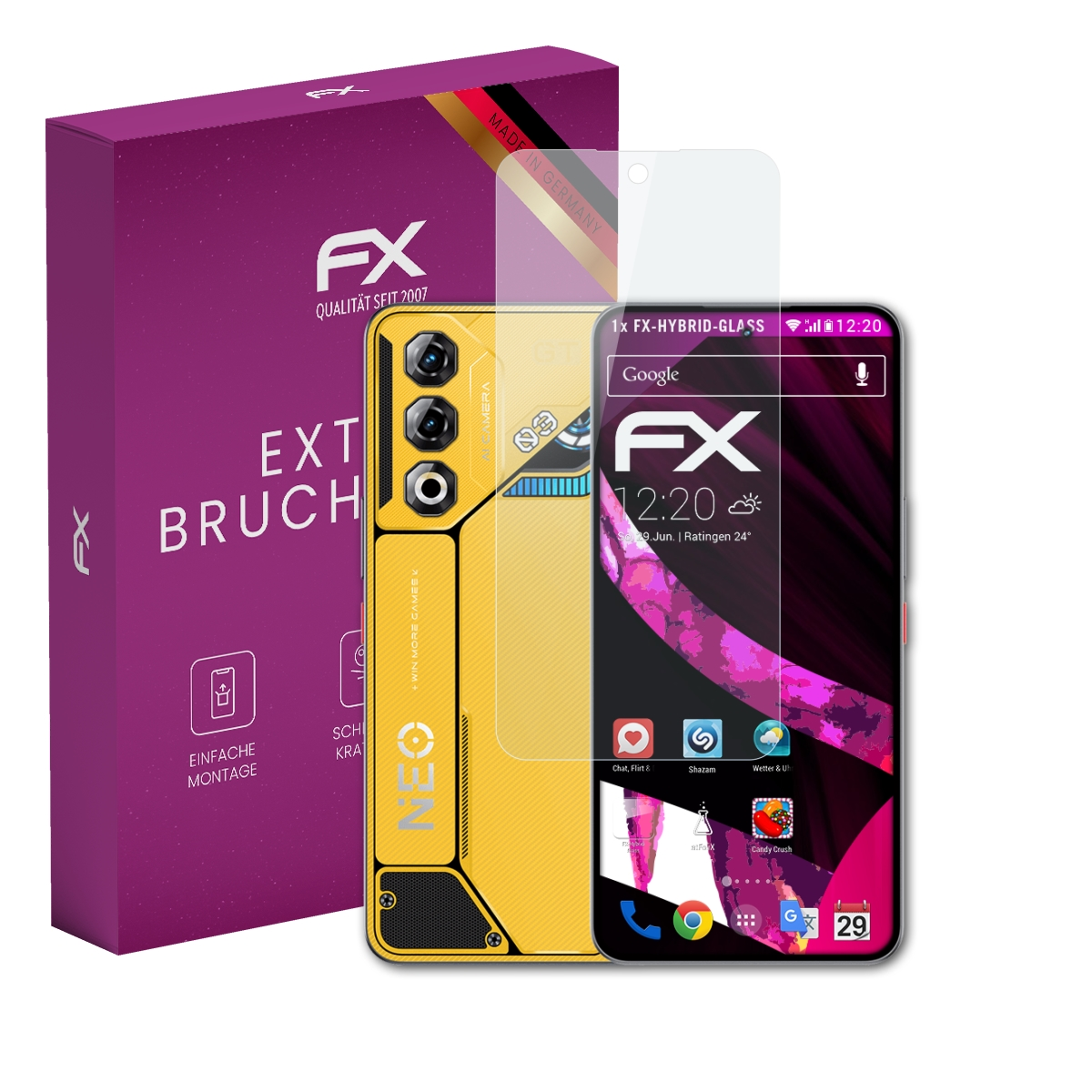 Lila Box mit FX-Logo, gelbes Smartphone mit Displayschutzfolie.