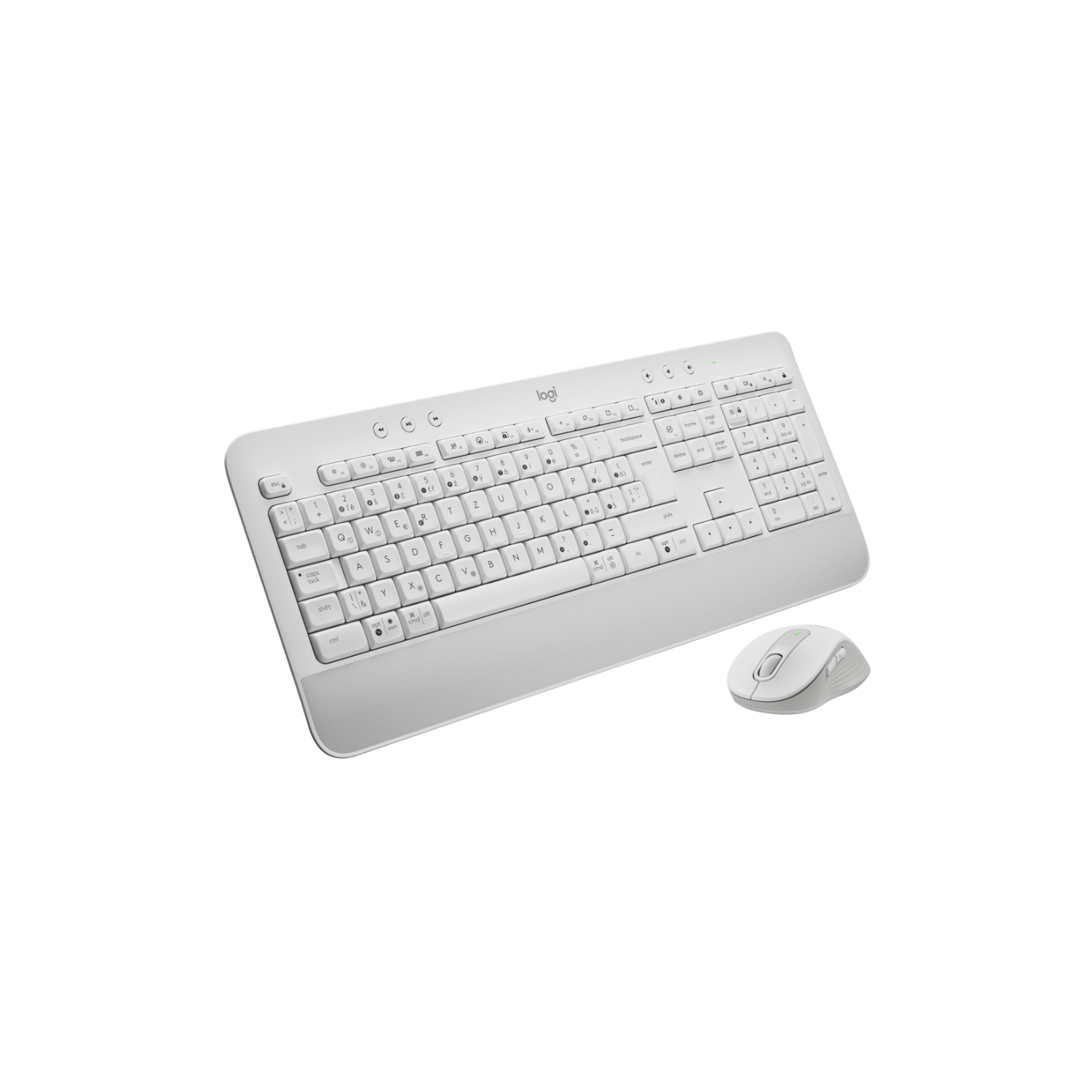 Biała klawiatura i mysz Logitech na białym tle.