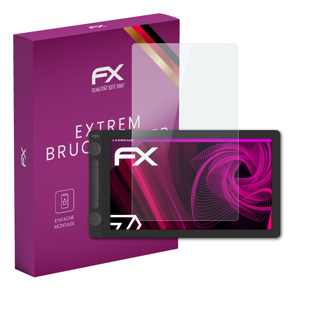 Ein lila Karton mit FX-Logo und ein Schutzglas für ein Tablet mit pinkem Muster.