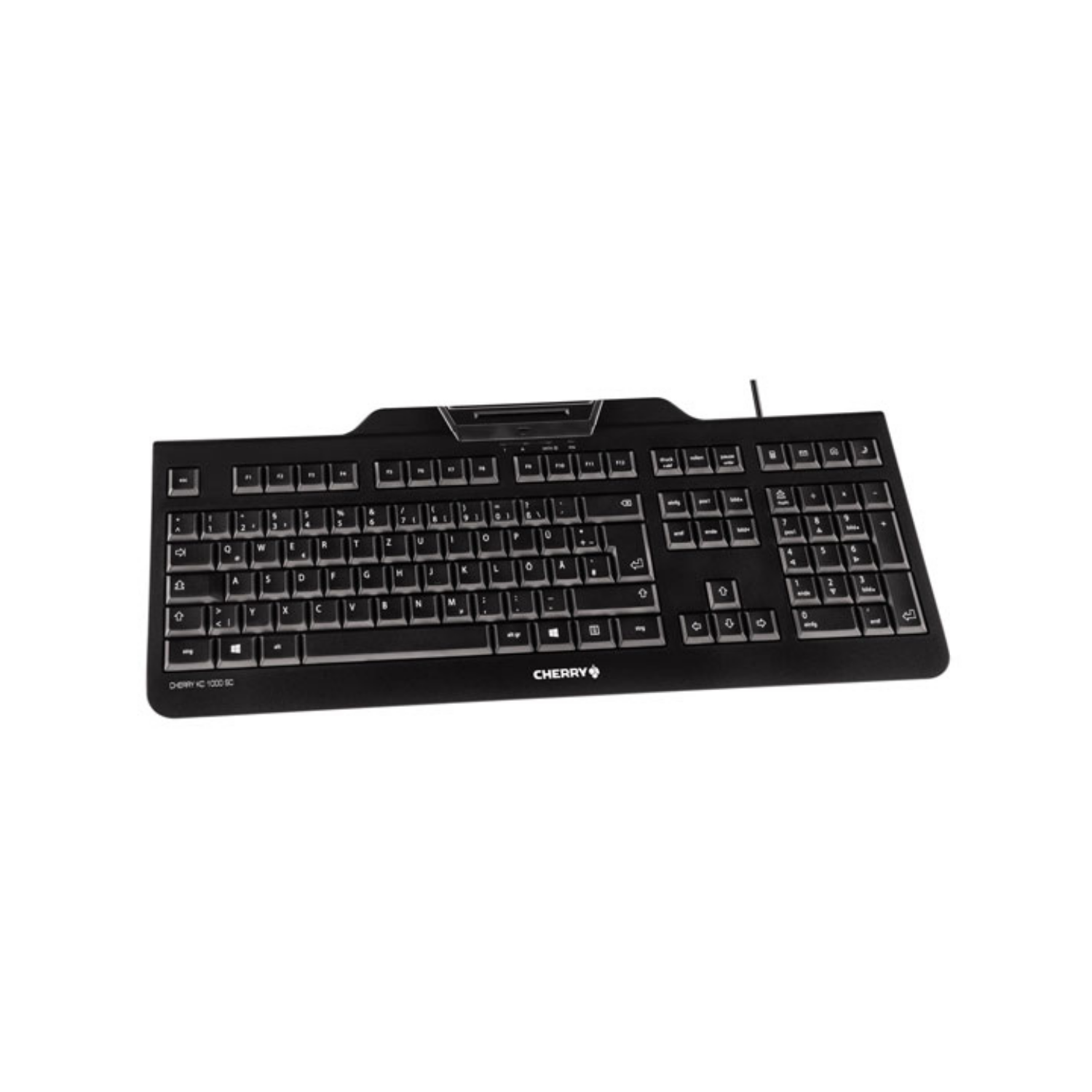 Schwarze CHERRY KC 1000 SC Tastatur auf weißem Hintergrund.